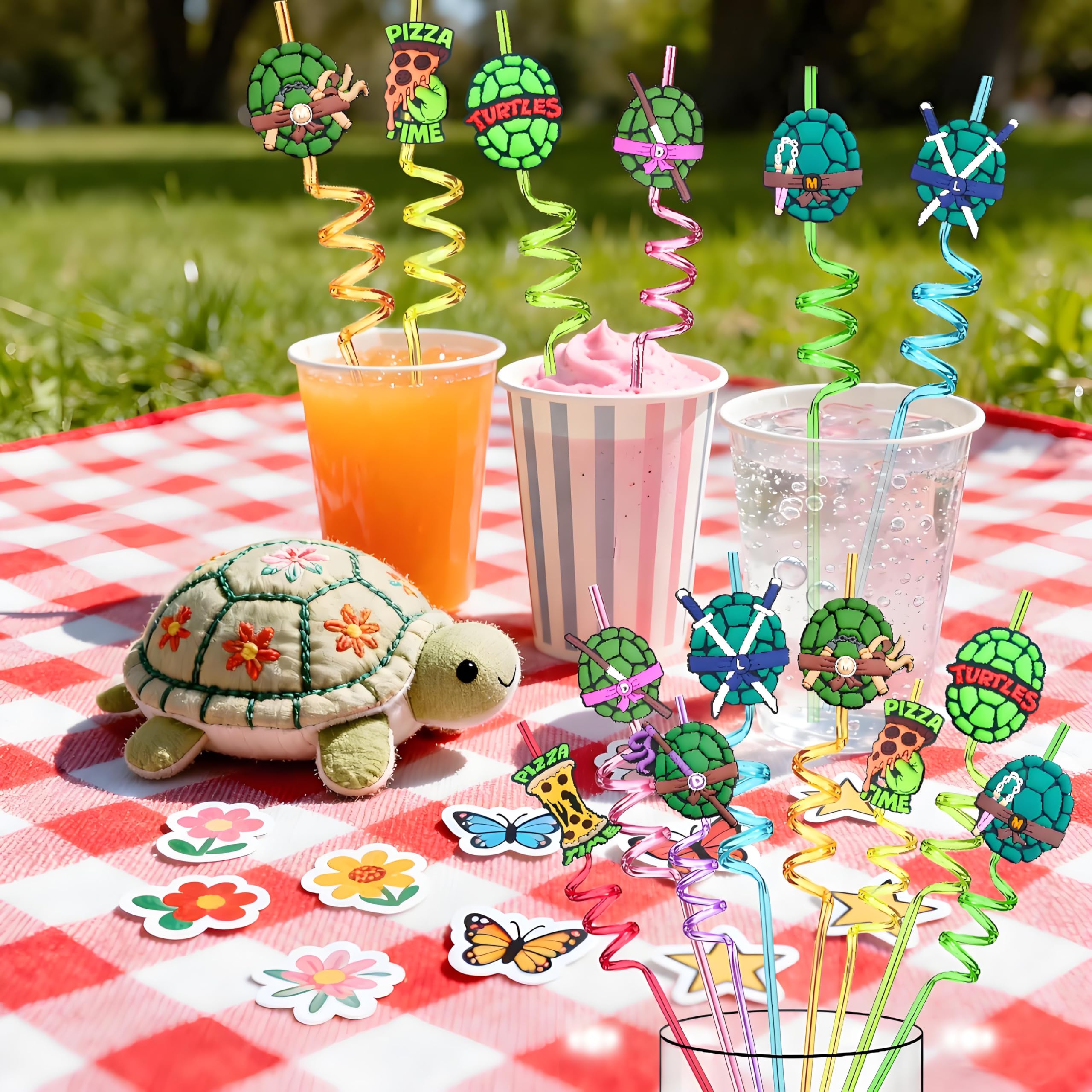 Bright colored turtle straw set with 8 designs