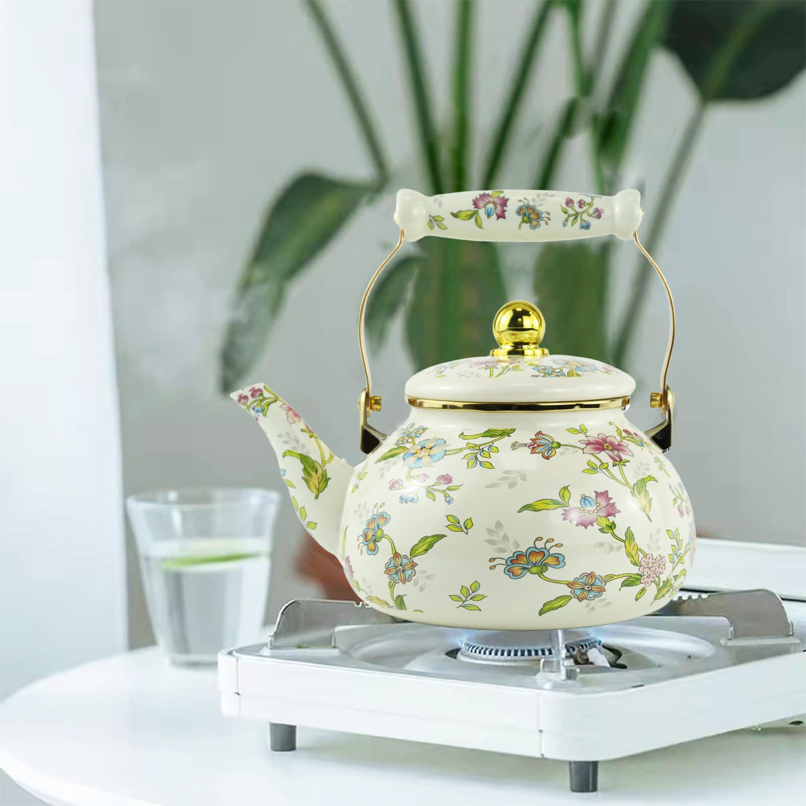 Leebright bohemian floral enamel tea kettle kitchen decor