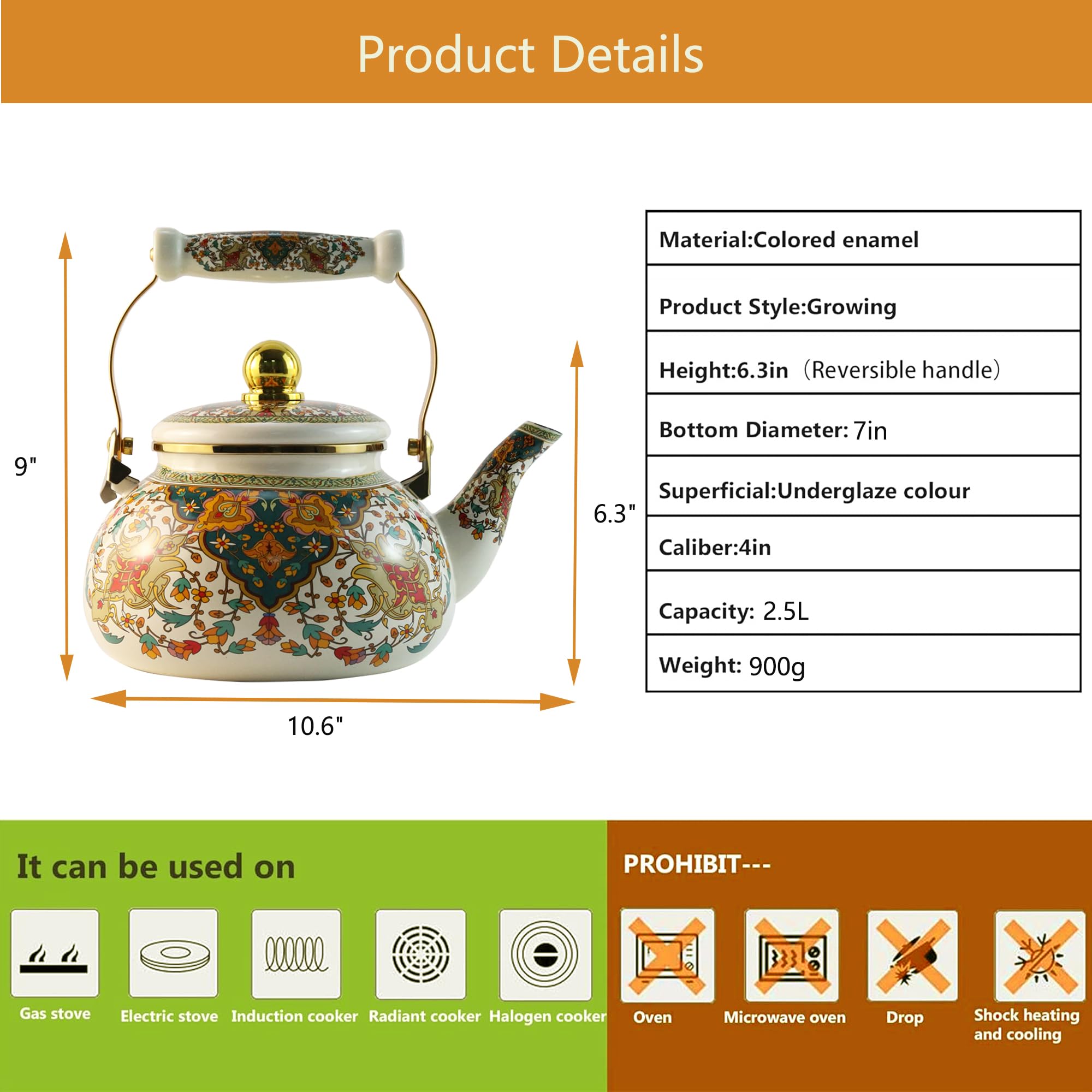 Leebright floral enamel teapot 2.5L on stovetop handle view