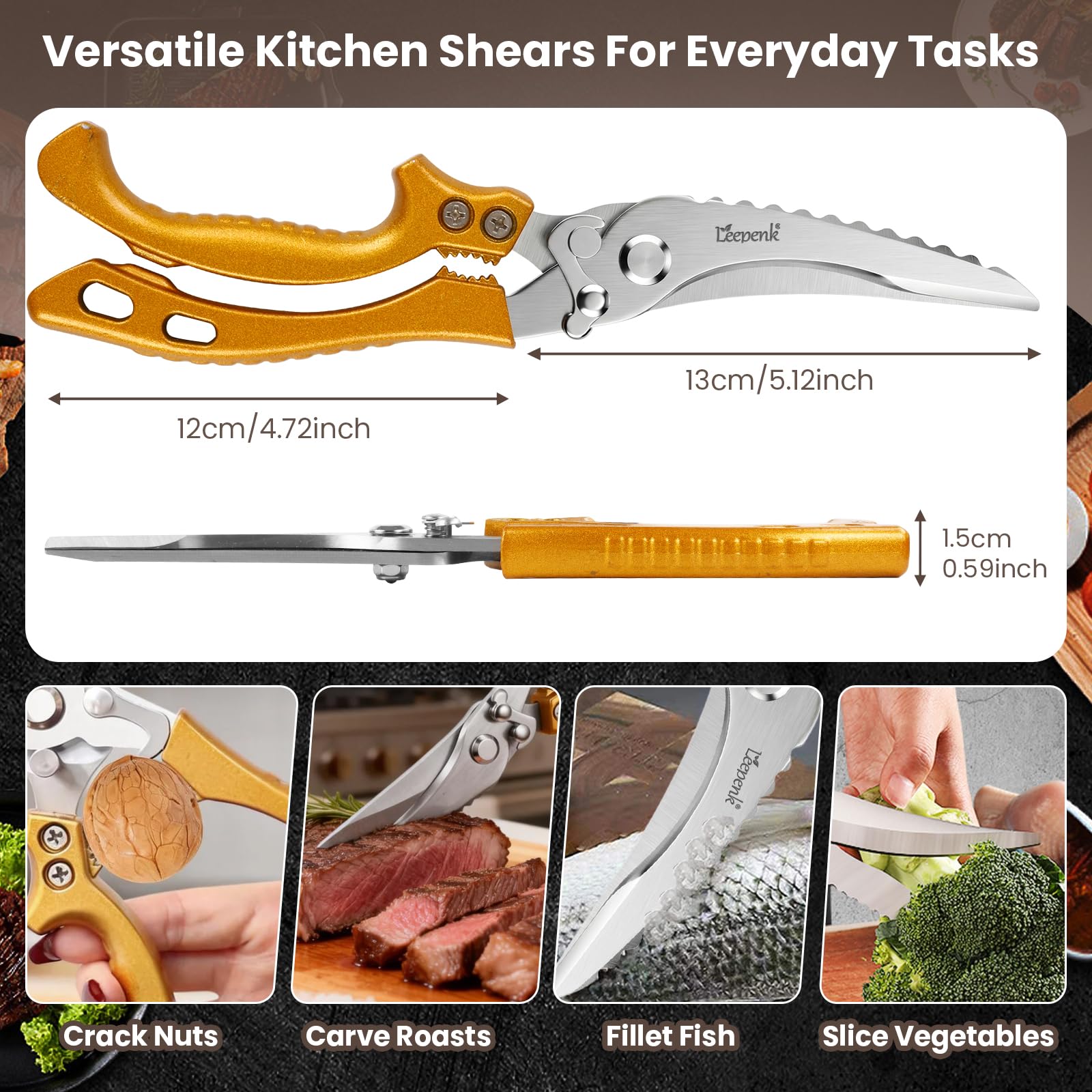 LEEPENK kitchen scissors safety lock and spring action close up