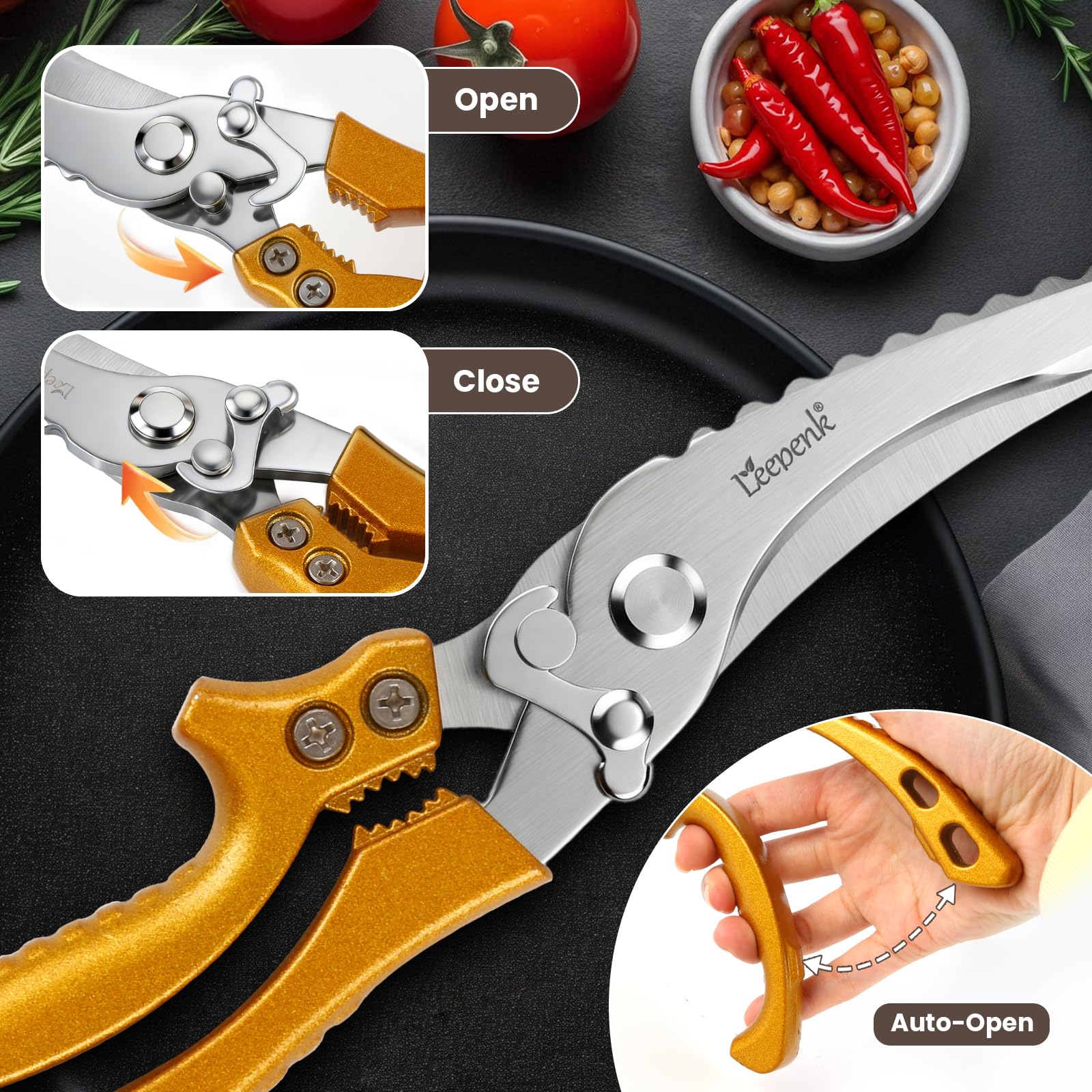 LEEPENK built in cap lifter on all purpose kitchen scissors