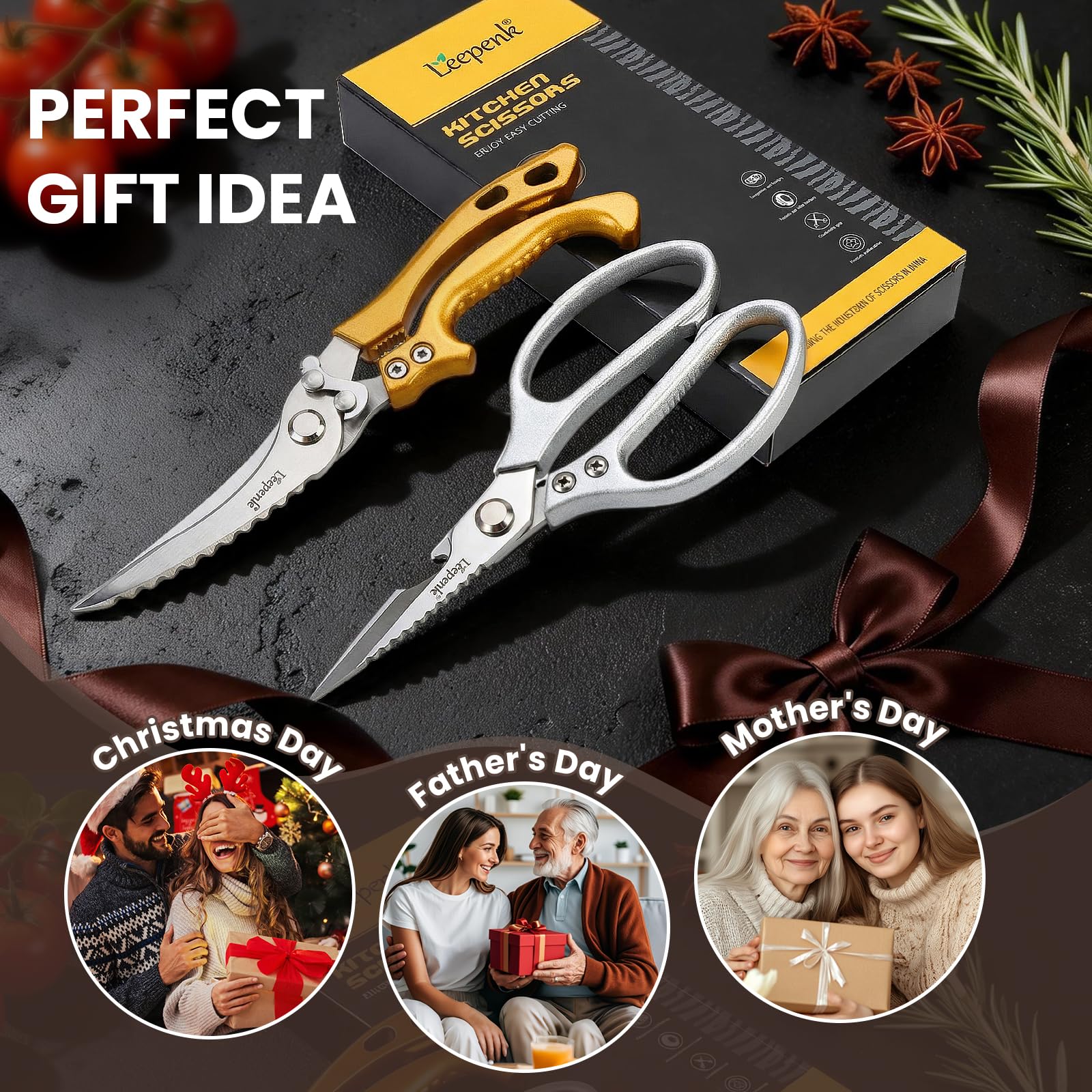 LEEPENK two pack set with gold and silver kitchen scissors