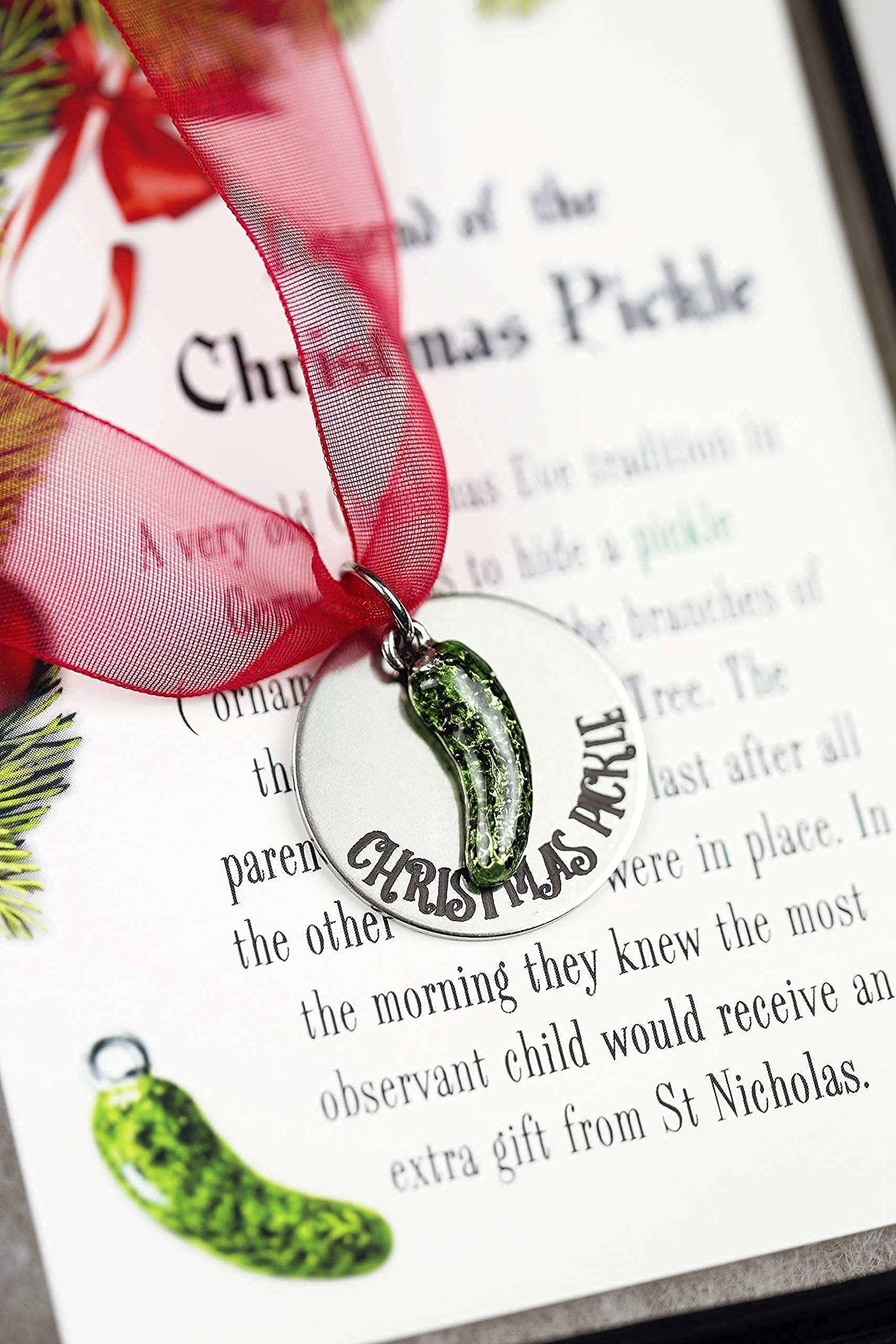 Laser engraved stainless steel ornament with green pickle charm