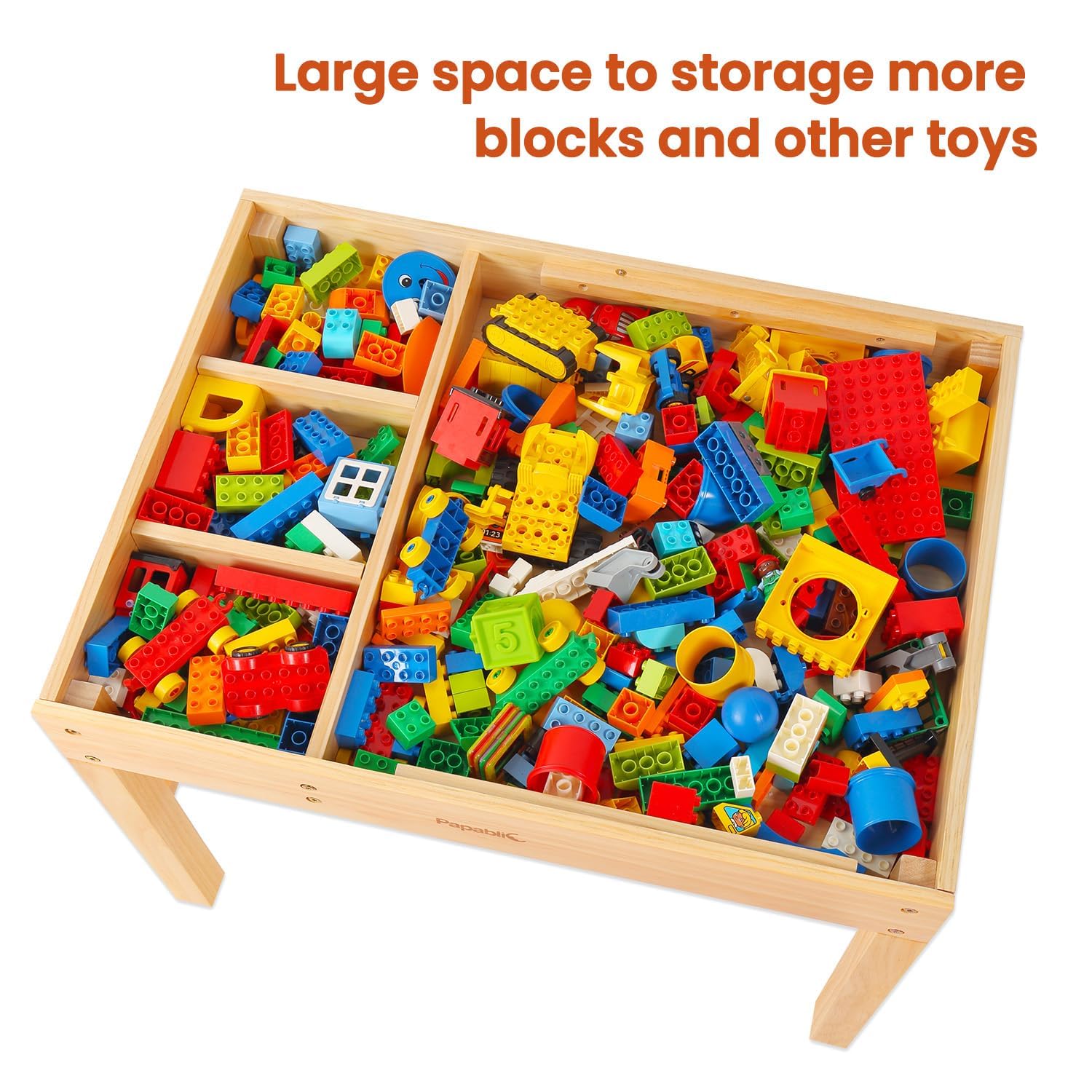 Three plus one storage compartments beside the Lego board