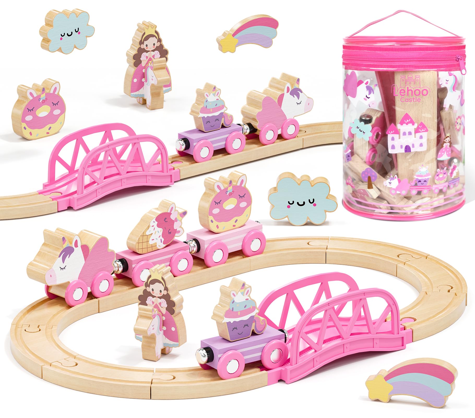 Lehoo Castle pink unicorn wooden train set with storage bag