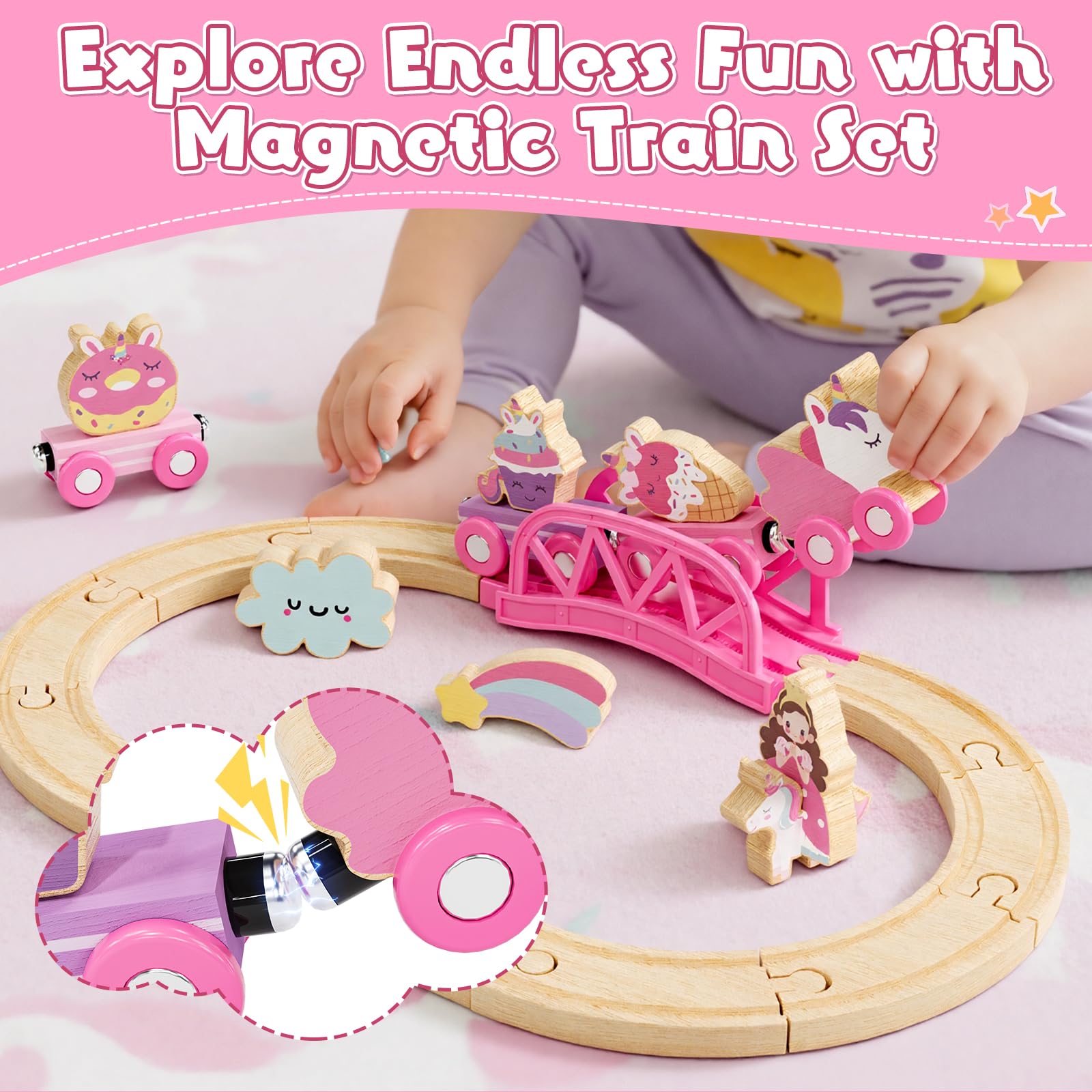 Pink wooden trains from Lehoo Castle unicorn train set for girls