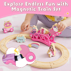 Pink wooden trains from Lehoo Castle unicorn train set for girls