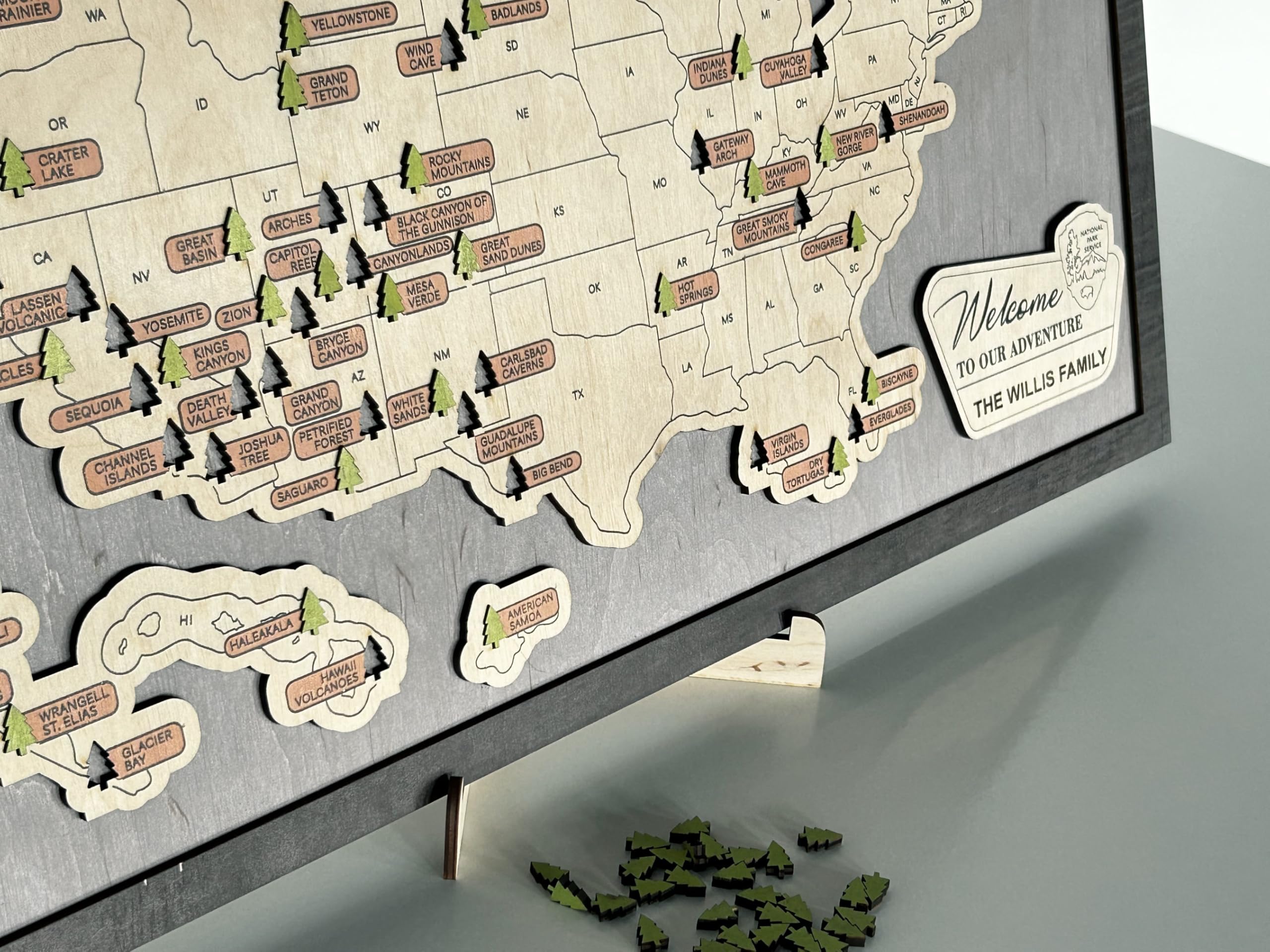 Wooden national parks map with trees Lemap US