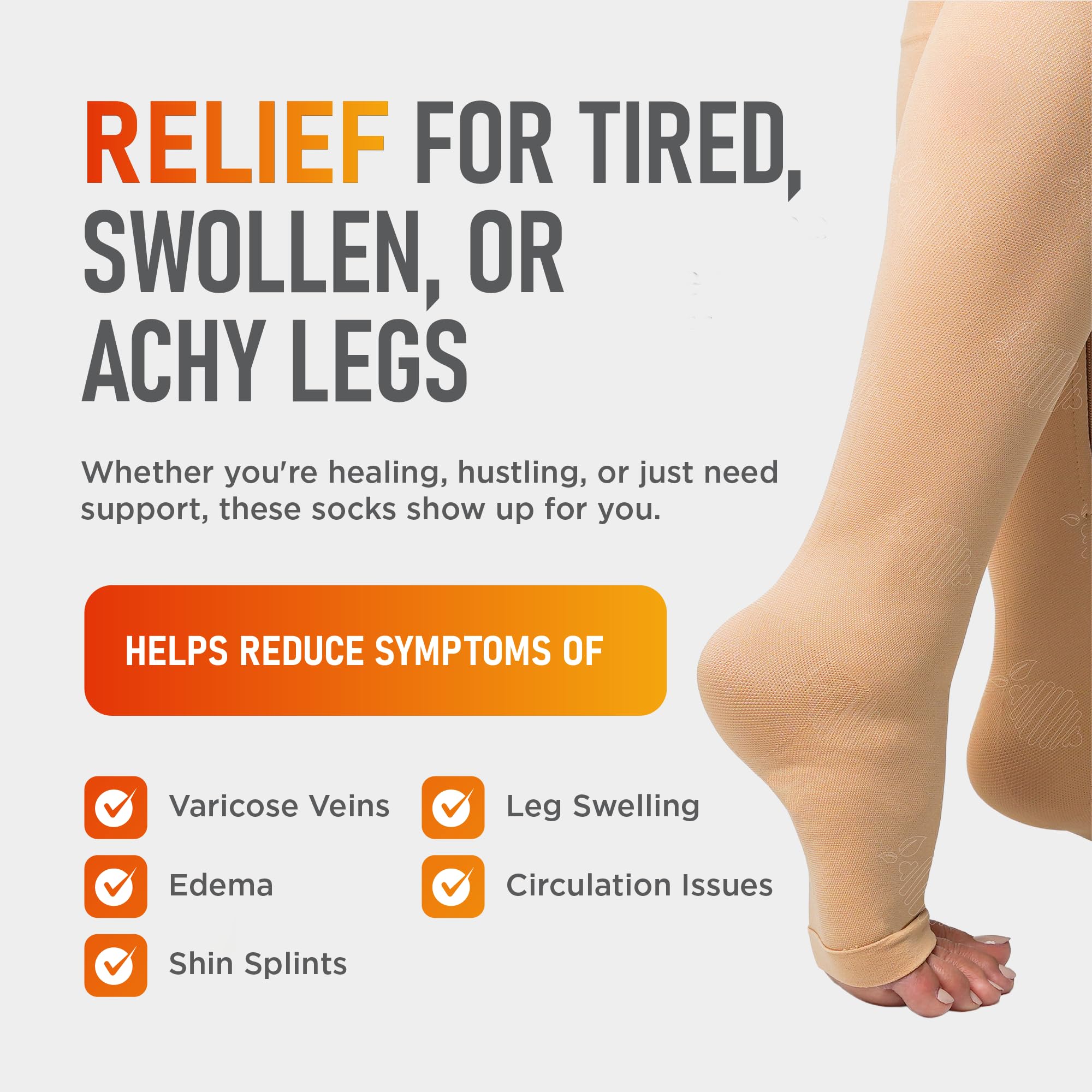 Regular length zipper compression socks with wide calf option