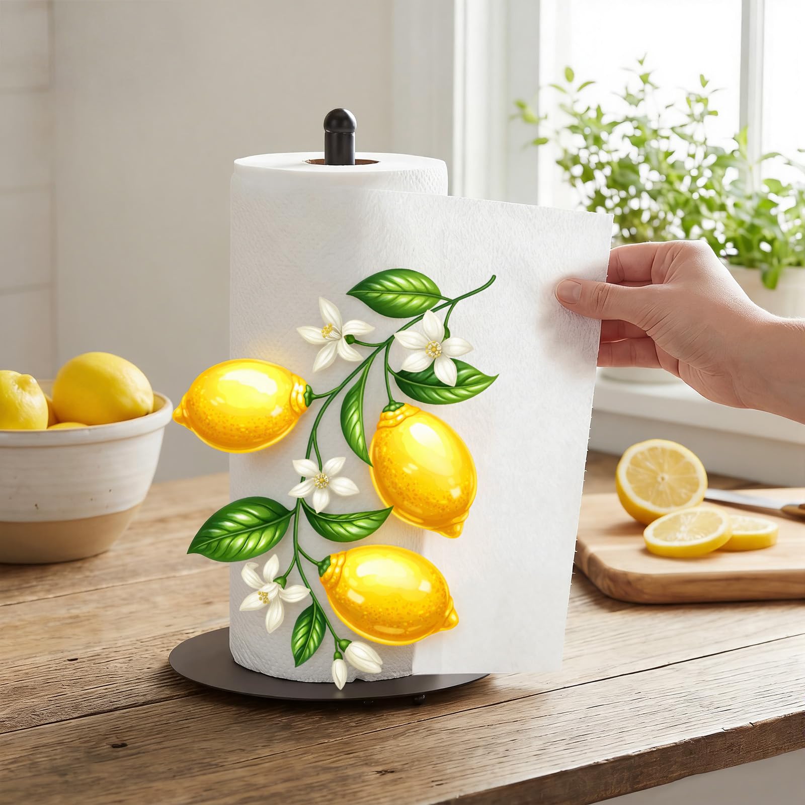 Top view of lemon paper towel holder showing base and pillar