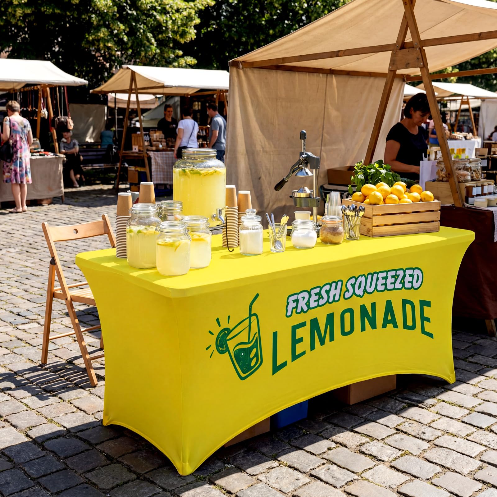 Lemonade stand supplies table cover with lemon motif