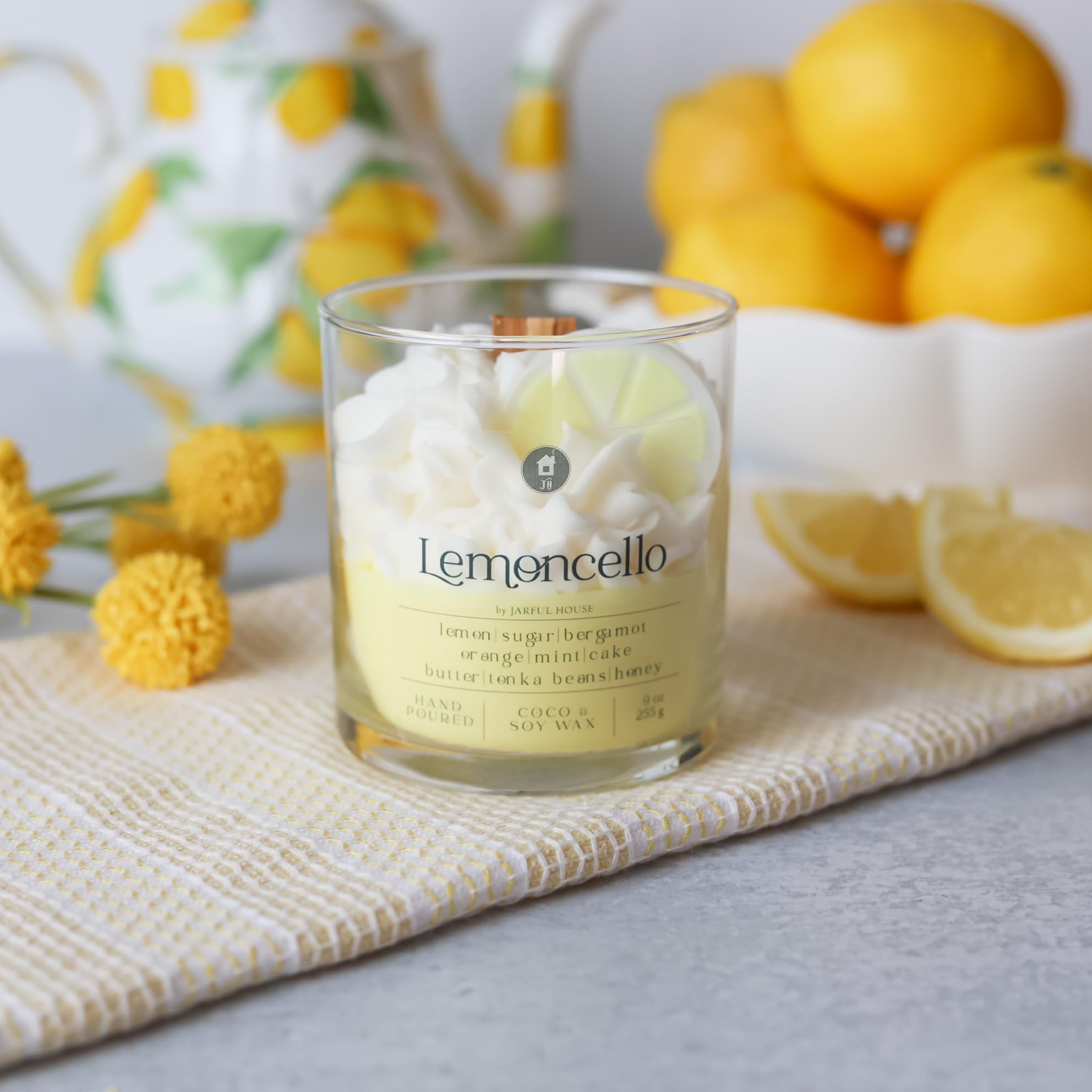 9 oz Lemoncello dessert candle packaging and lid