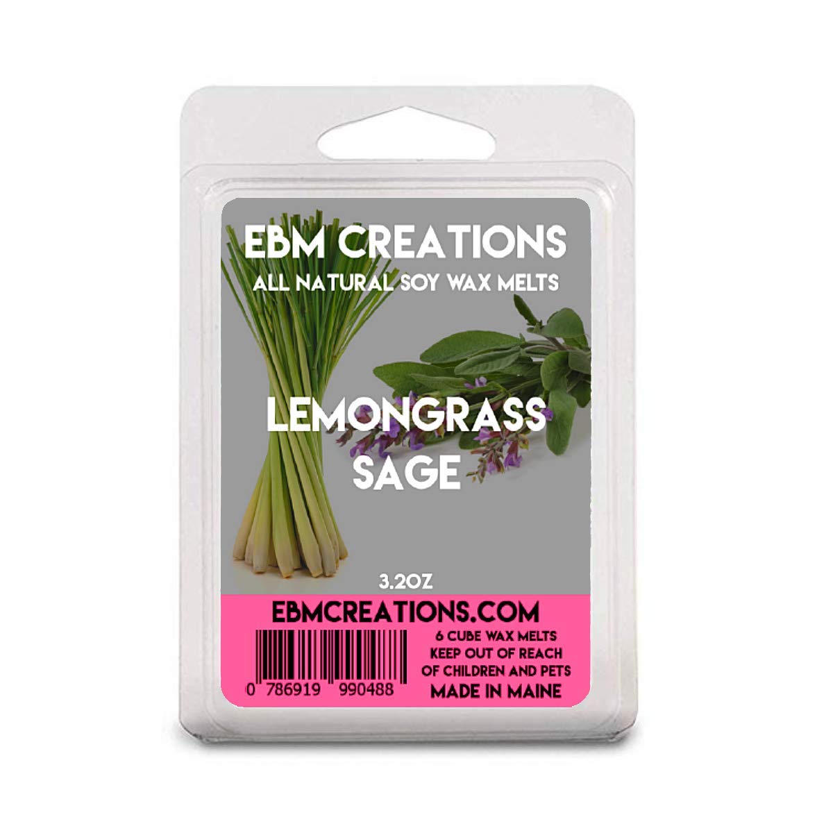 Lemongrass Sage soy wax melts in a 6 cube clamshell packaging