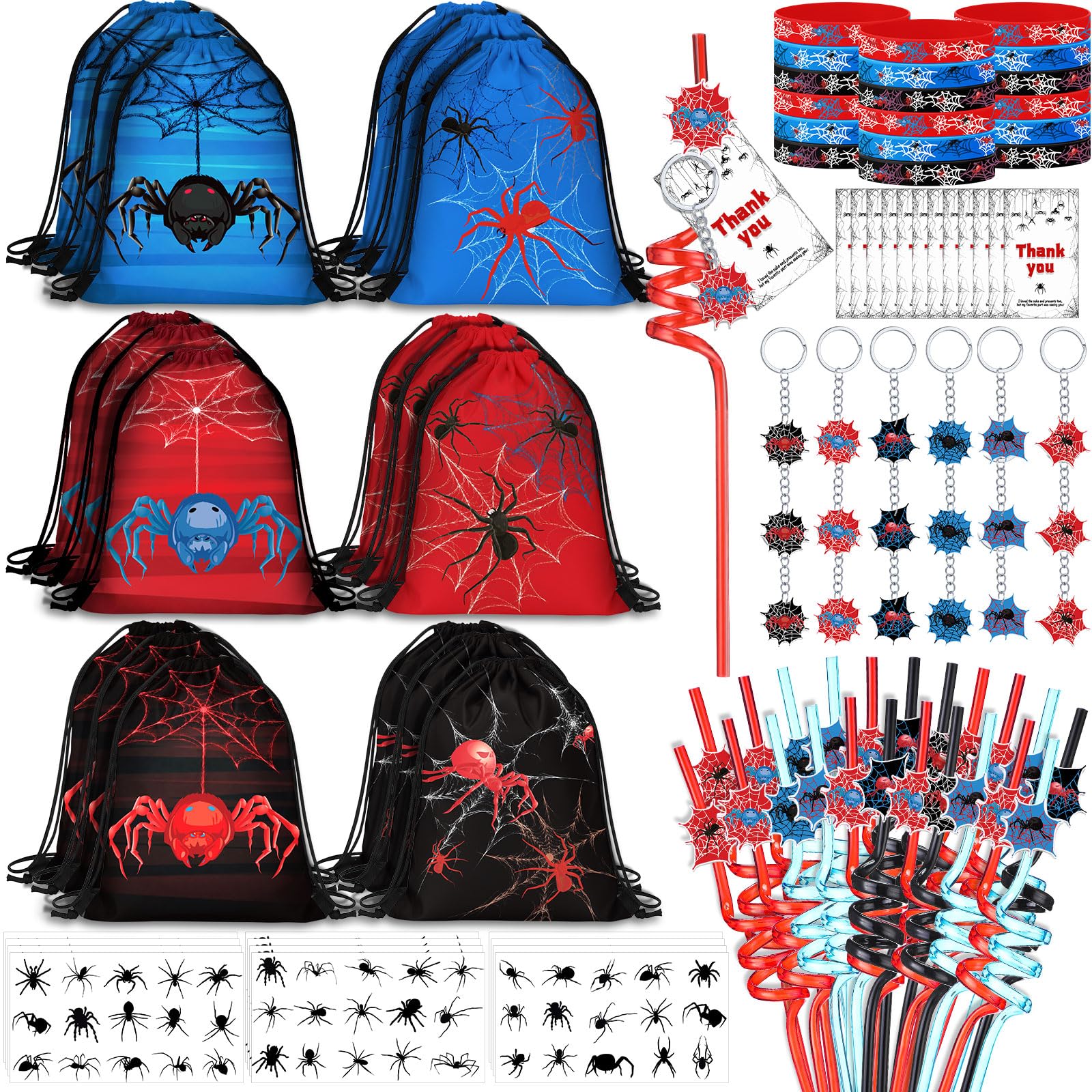 LemonRoad 73 Pcs Spider Party Favors Set contents including bags keychains bracelets straws stickers and tags
