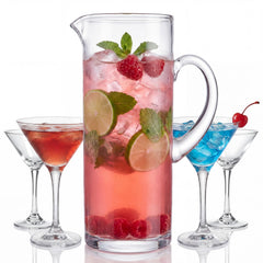 LemonRoad glass pitcher 68 oz with four martini glasses