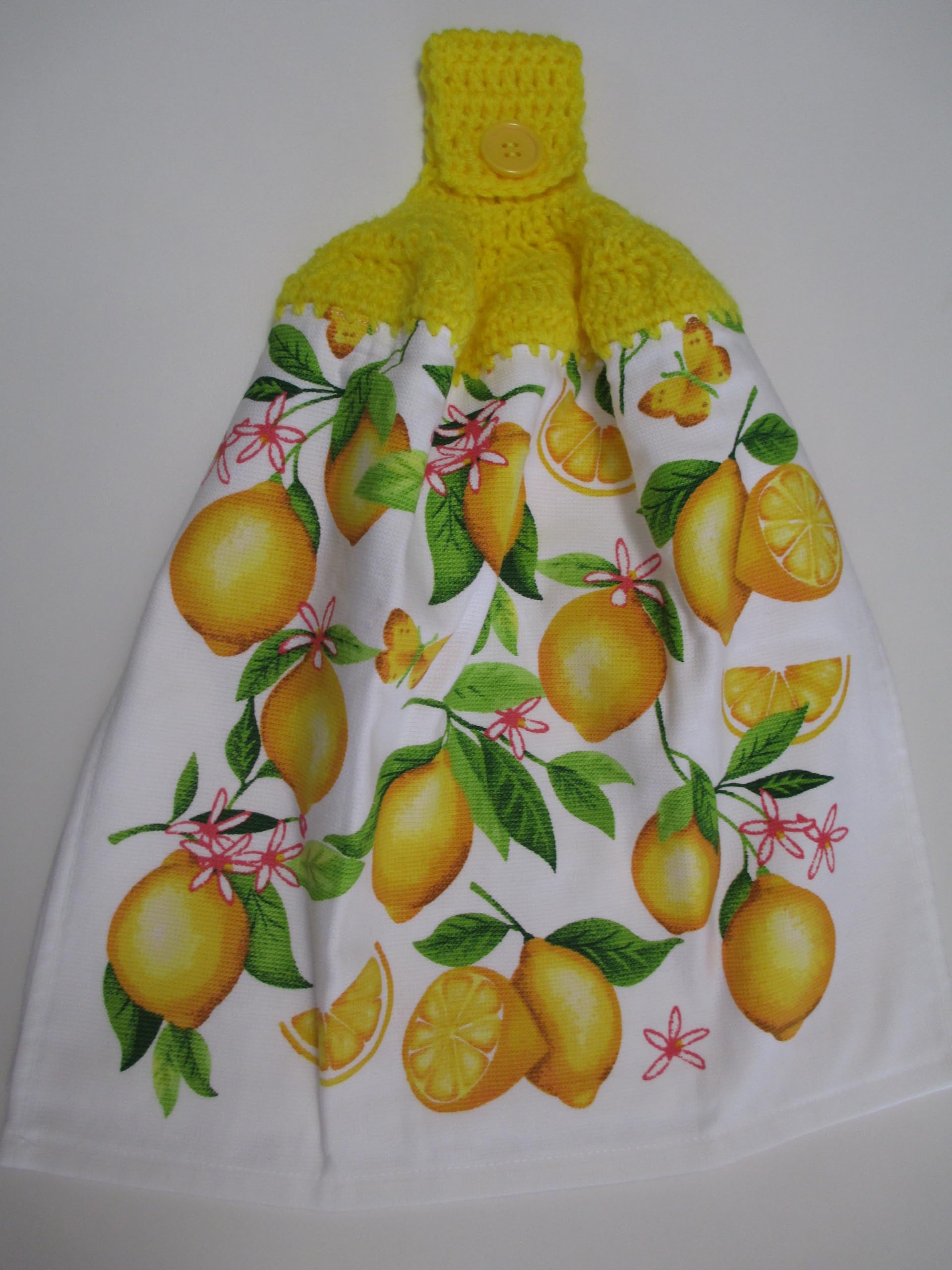 Lemons kitchen towel hanging design with crochet accent