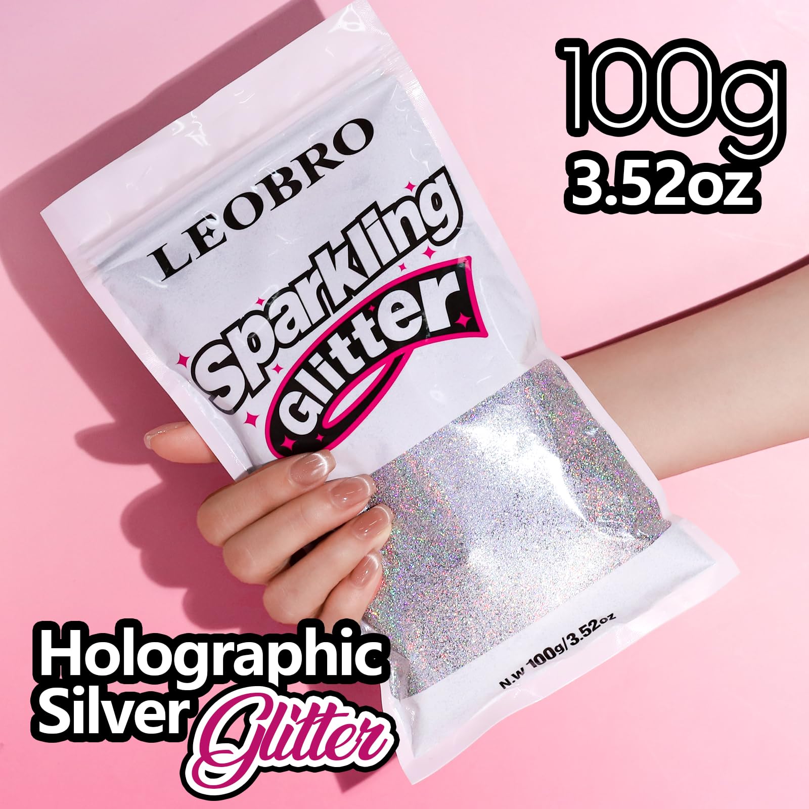 Holographic silver glitter close up 0.26 mm size
