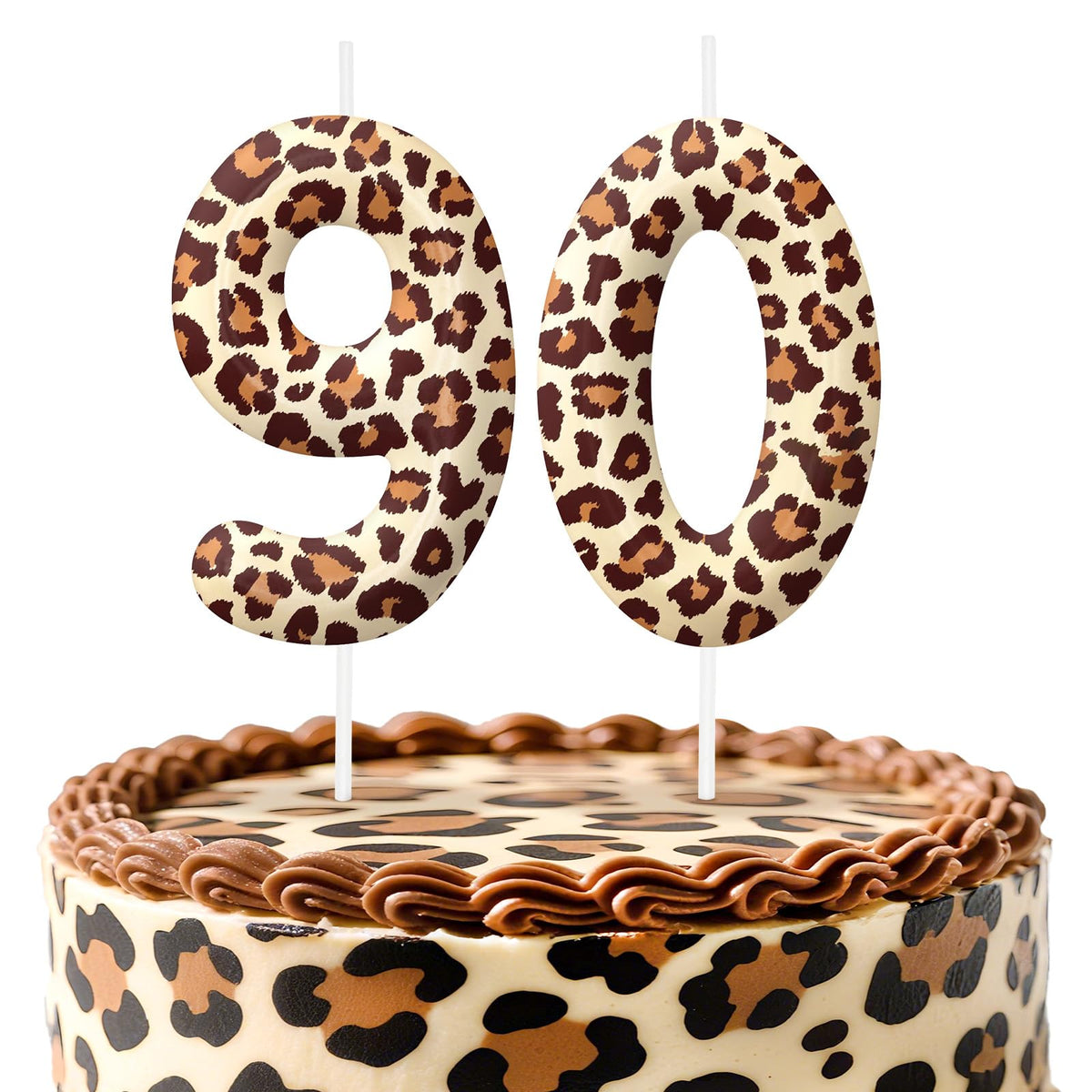 Leopard print number 90 birthday candles on cake
