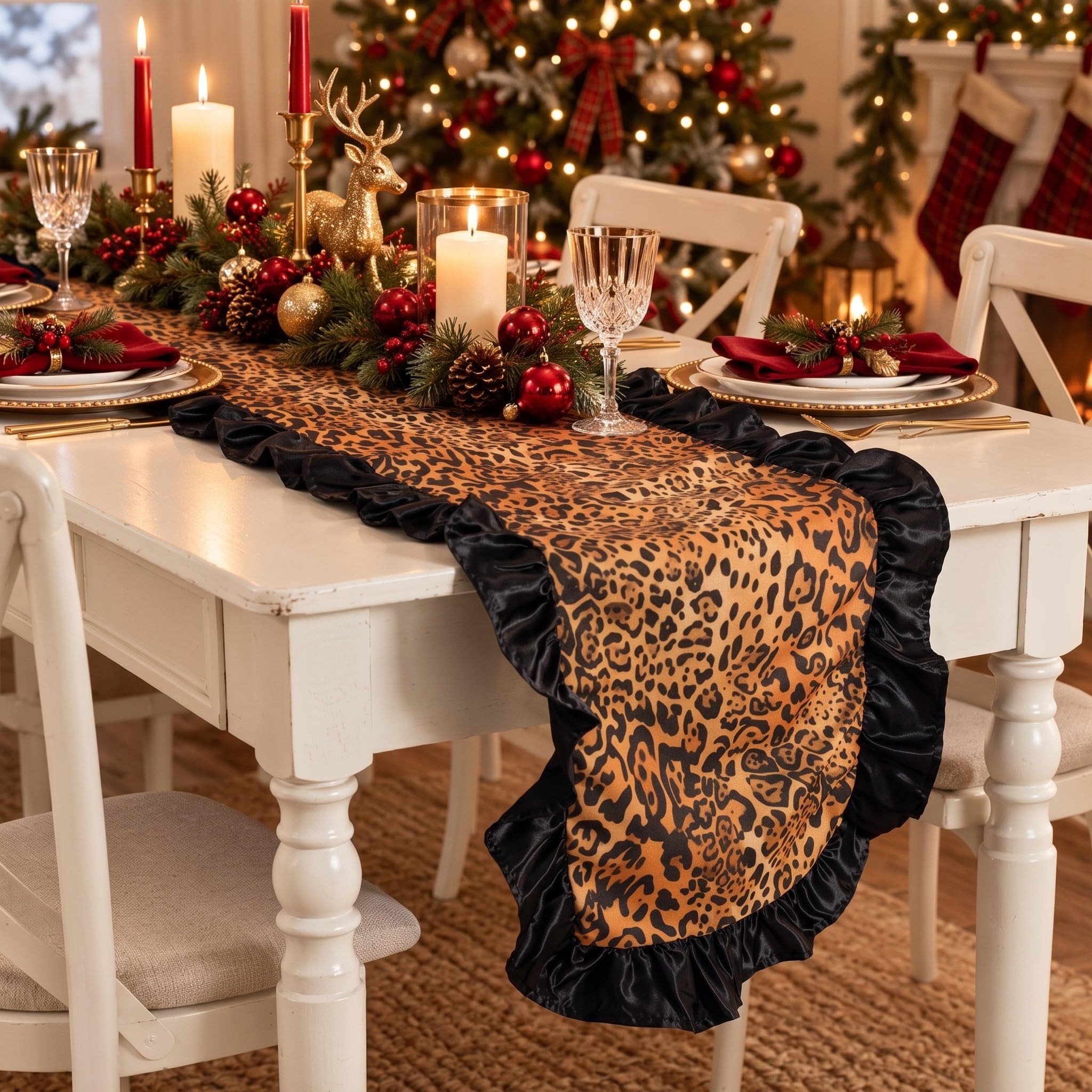 Single finished leopard table runner ready for centerpiece