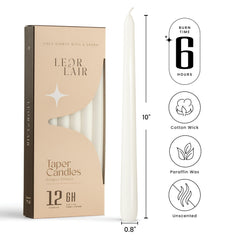 Leor Lair White Taper Candles 10in base 0.8in
