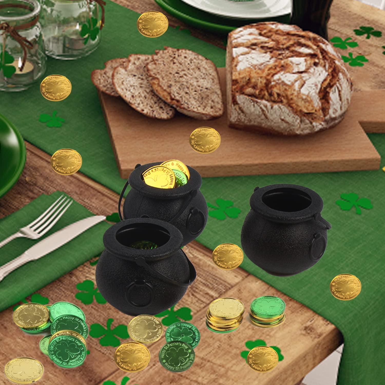 St Patrick's Day table decor with cauldrons and coins