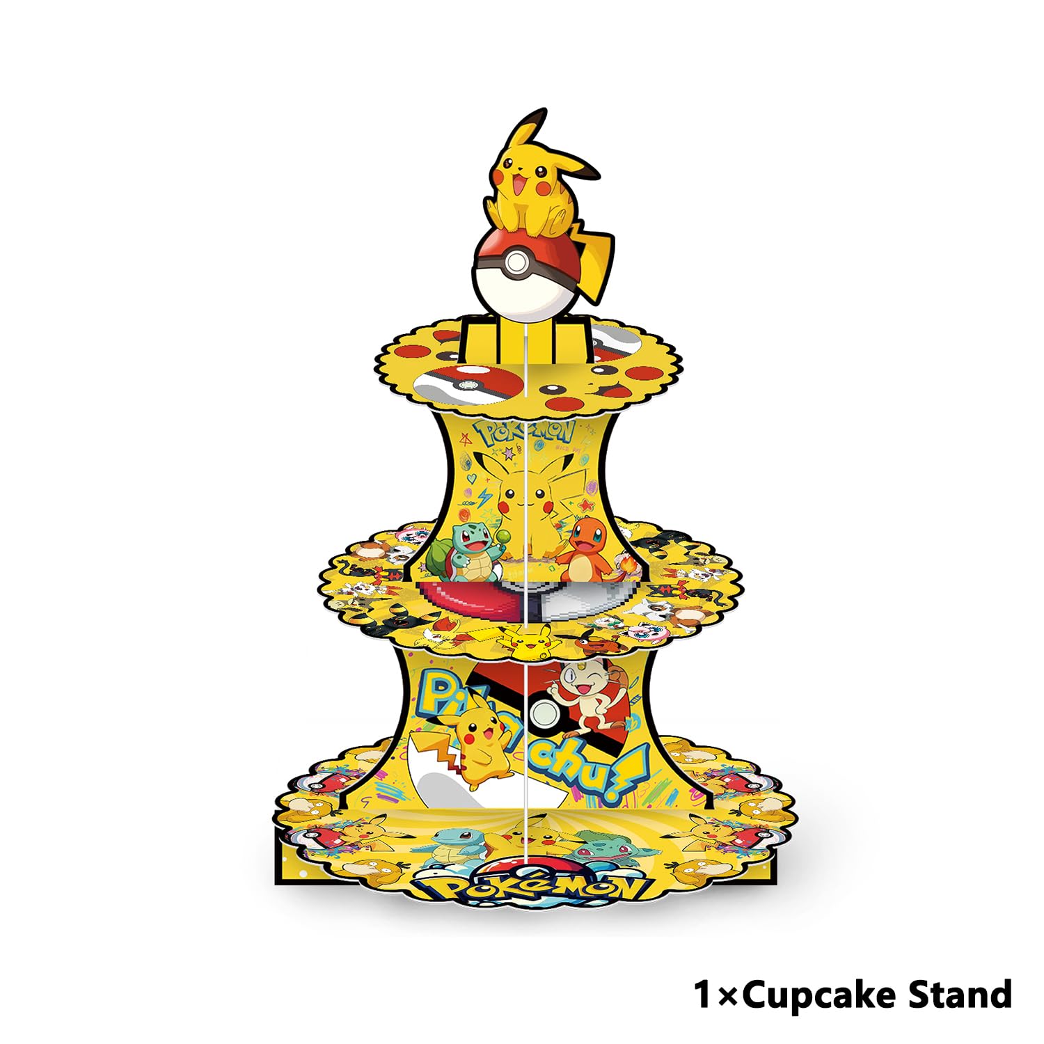 Three-tier cupcake stand with plates and topper