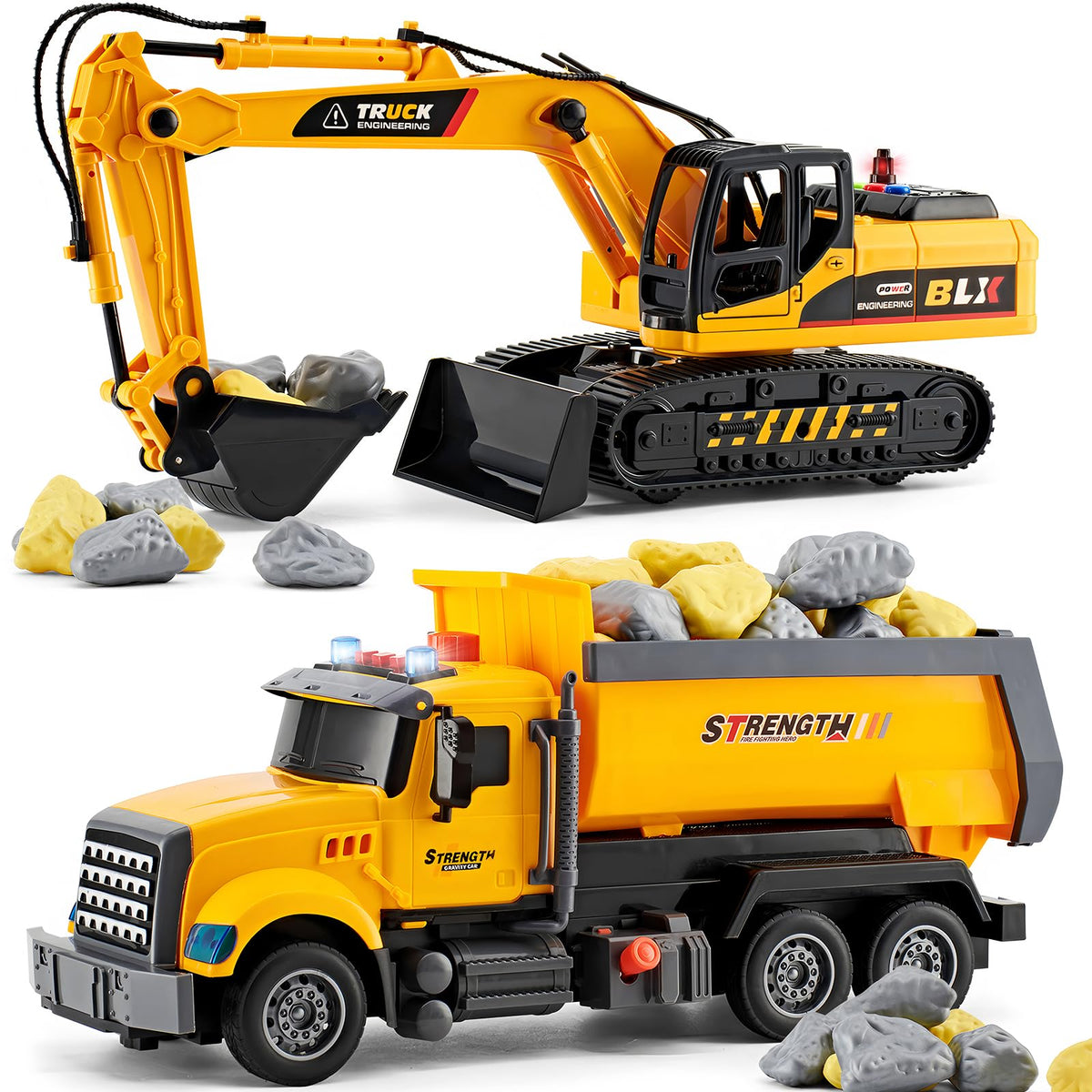 LerBao 2 Pack Construction Engineering Truck Toys excavator and dump truck set