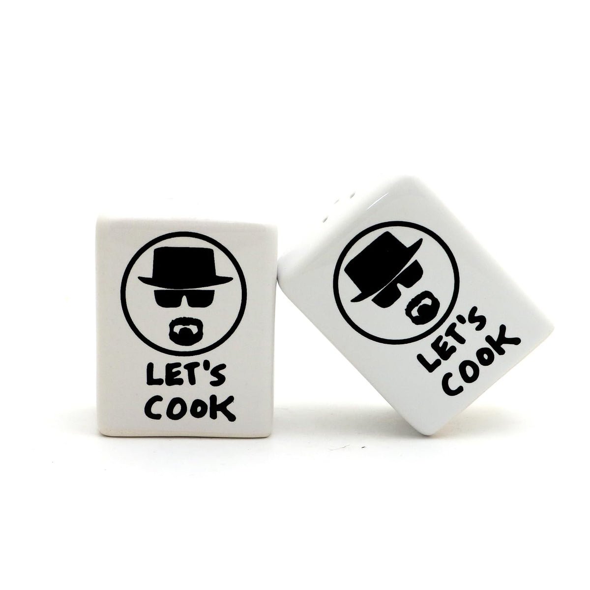 Let's Cook Breaking Bad parody salt and pepper shaker set white glazed 2.5 inch high rectangular