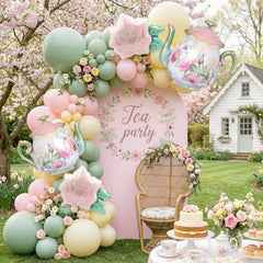 Let’s Partea Decor tea party balloon garland kit with mixed pink green yellow balloons