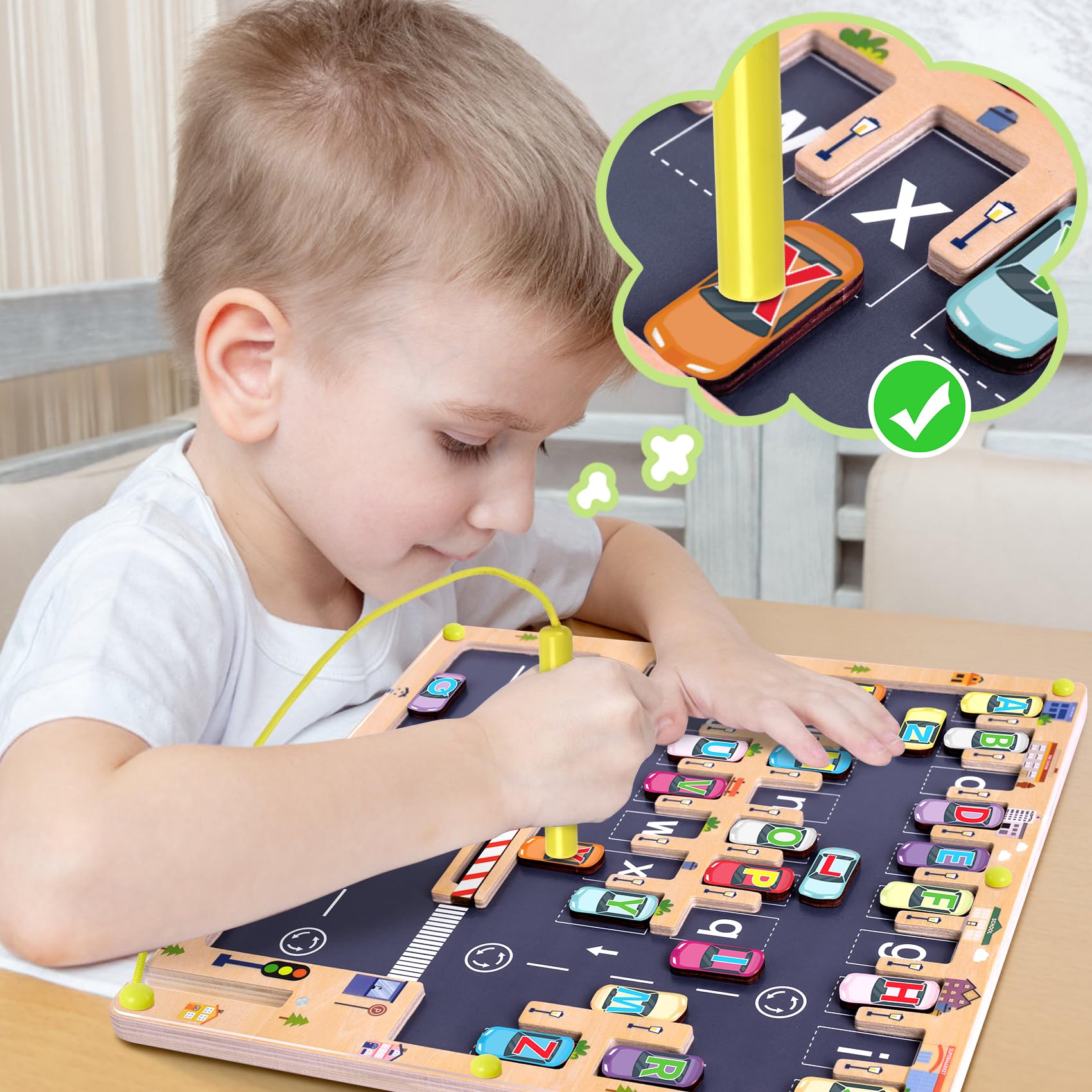 Magnetic pen attached by string used to guide blocks in the maze