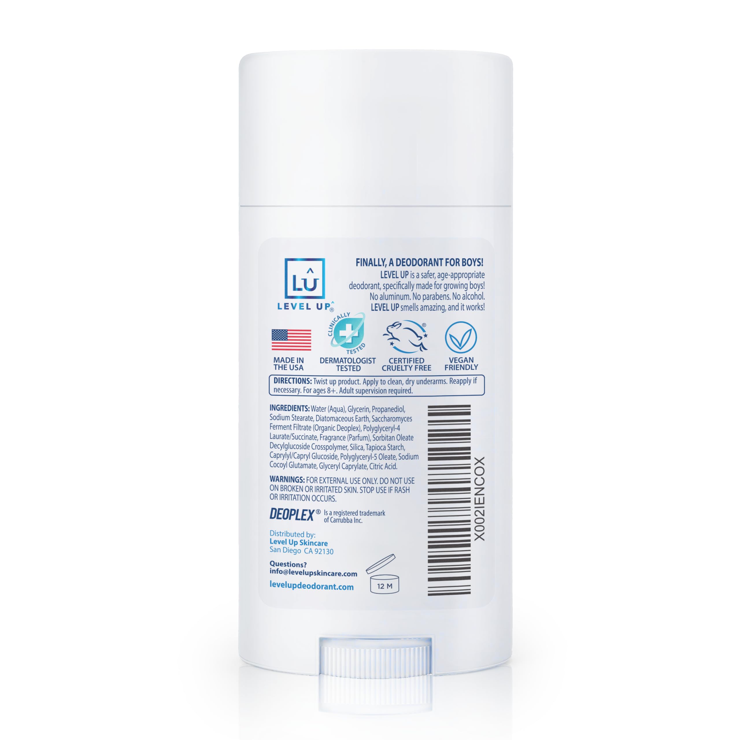 Made in USA Level Up deodorant for boys 8-14 product bottle
