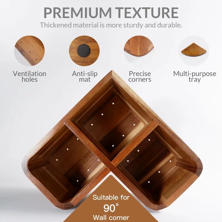 Corner countertop utensil caddy showing natural wood grain