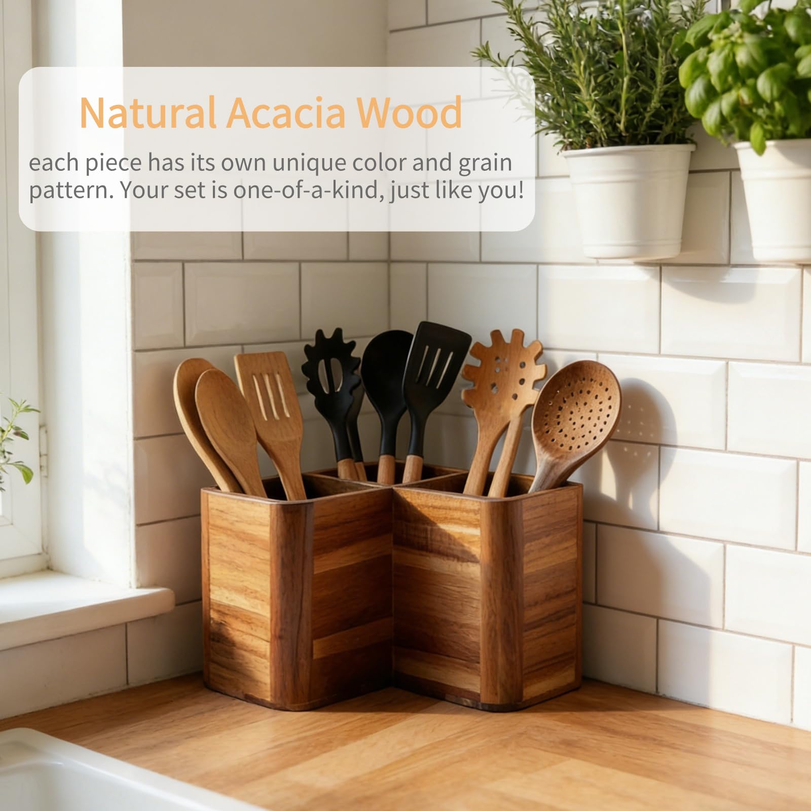 Handmade acacia wood utensil holder with drying hole