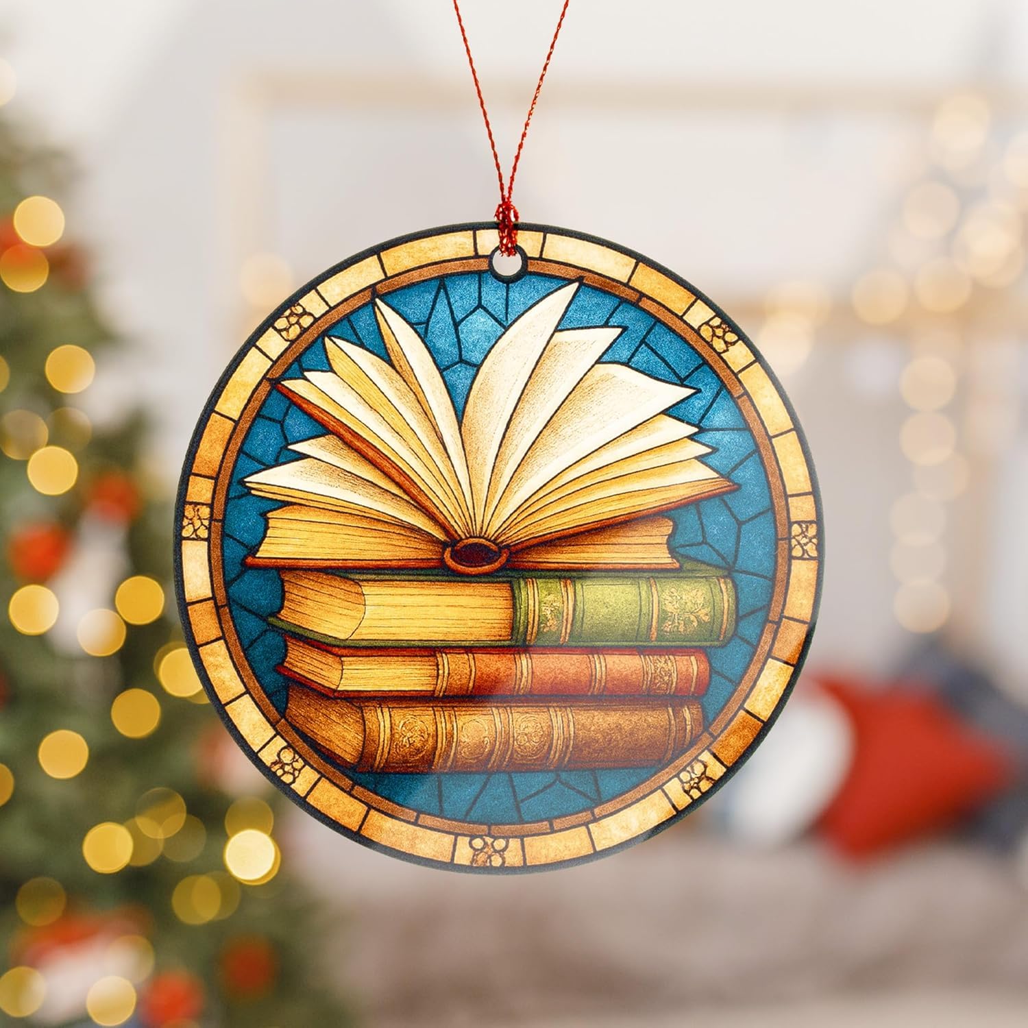 Librarian decor ornament featuring an open book on vintage volumes