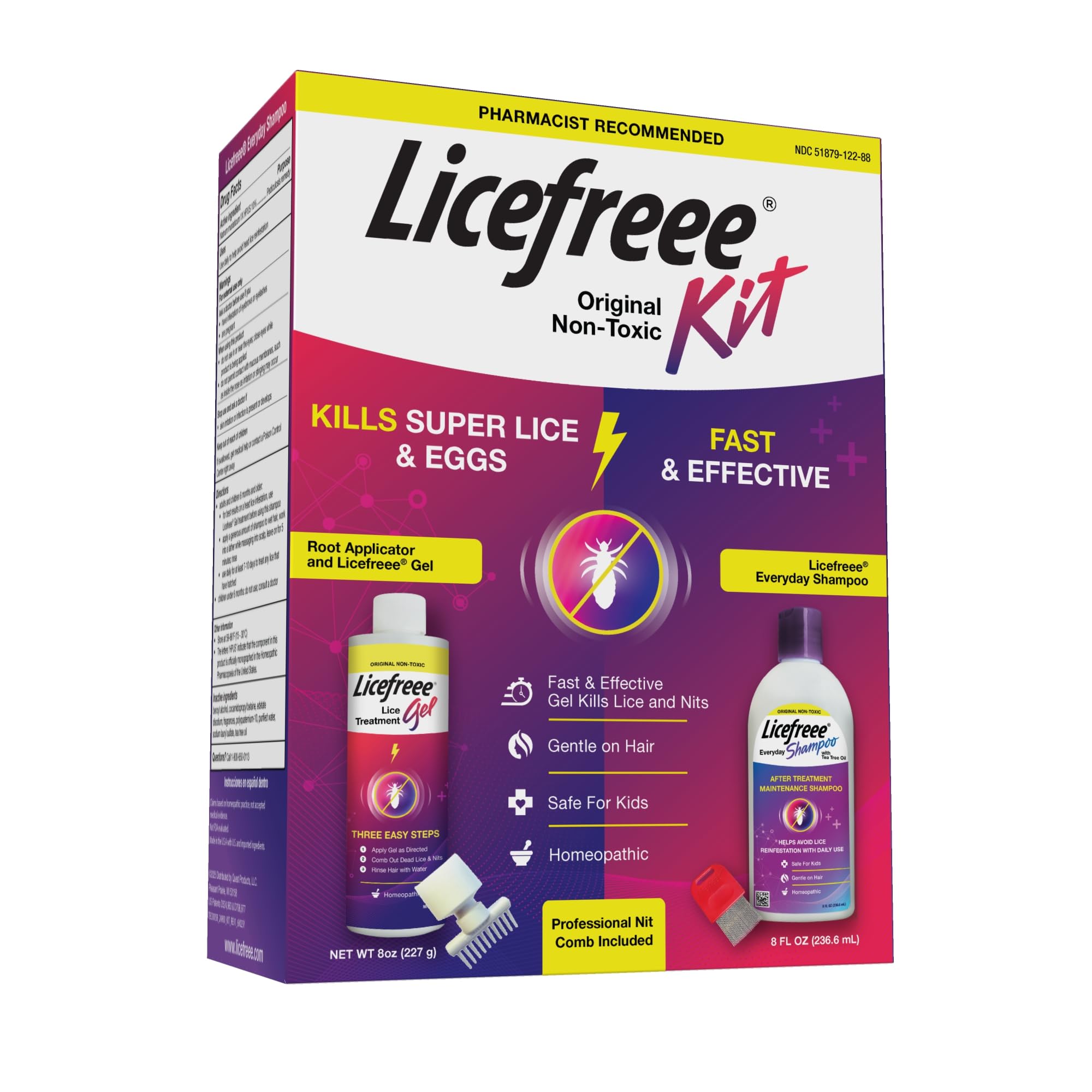 Licefreee Kit All-in-One components image showing gel, shampoo and comb