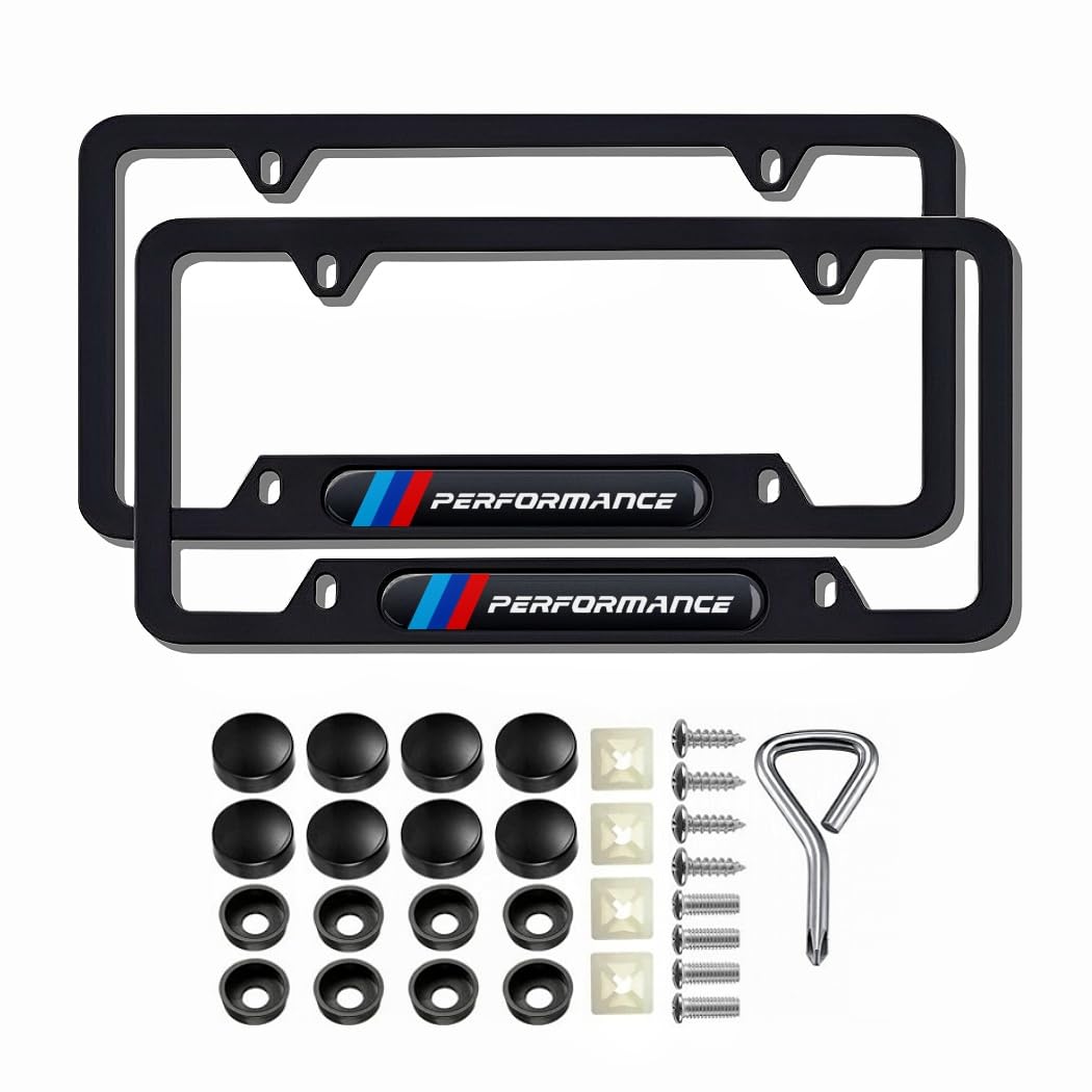 Two black aluminum license plate frames for front and rear mounting