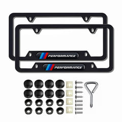 Two black aluminum license plate frames for front and rear mounting