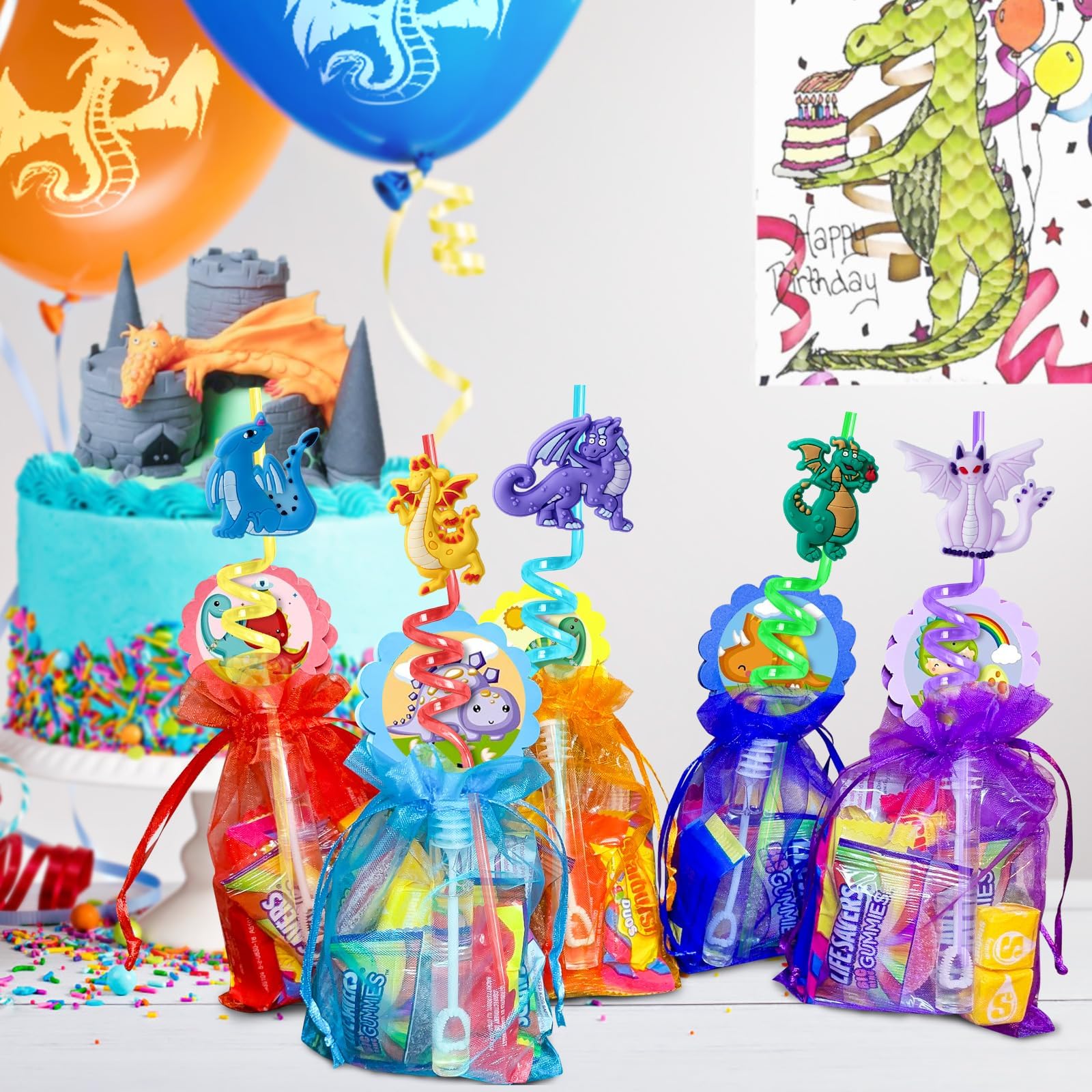 Dragon character straws with rubber attachments for kids