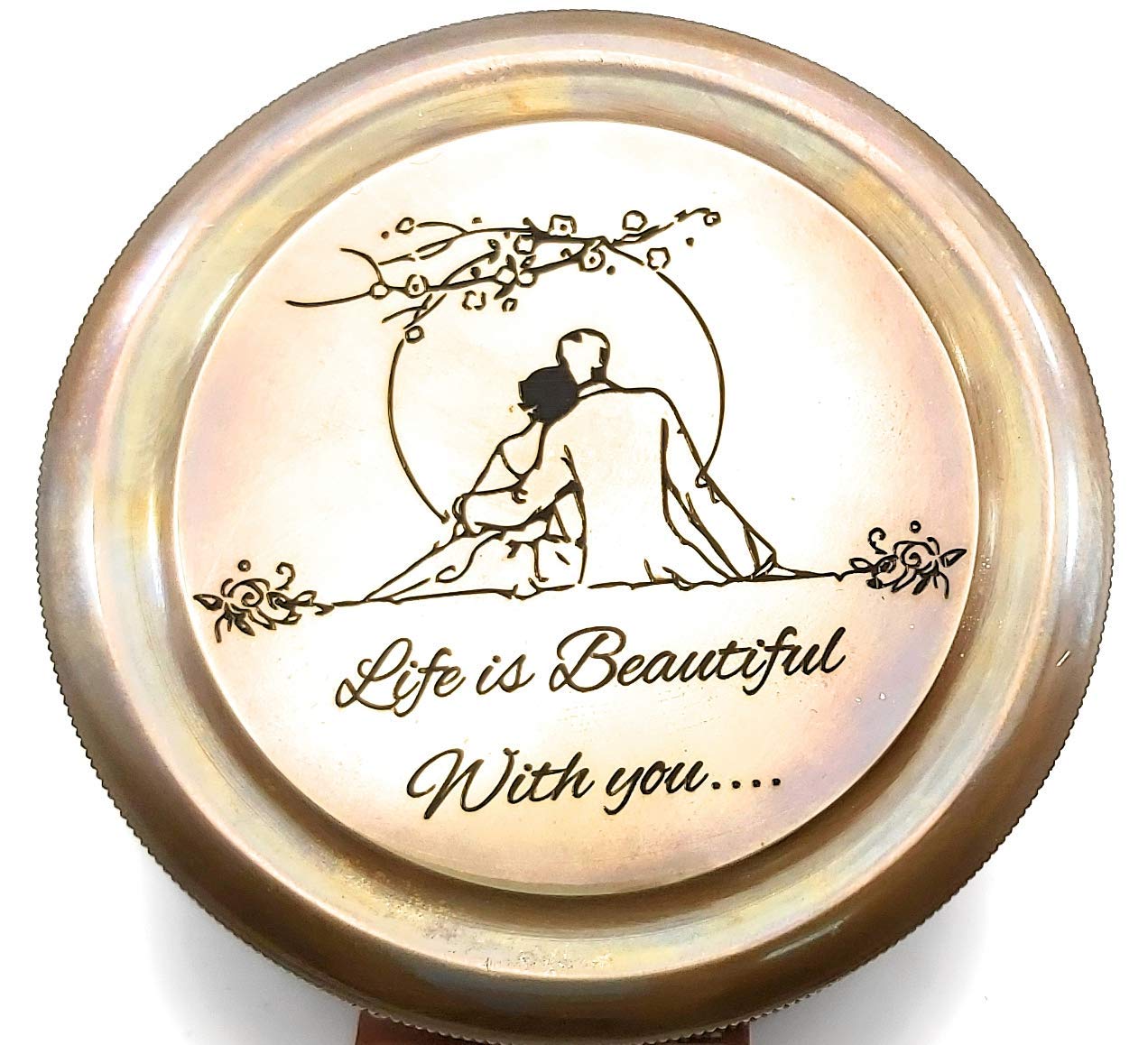 Life is beautiful with you engraved compass 3 inches brass with leather case