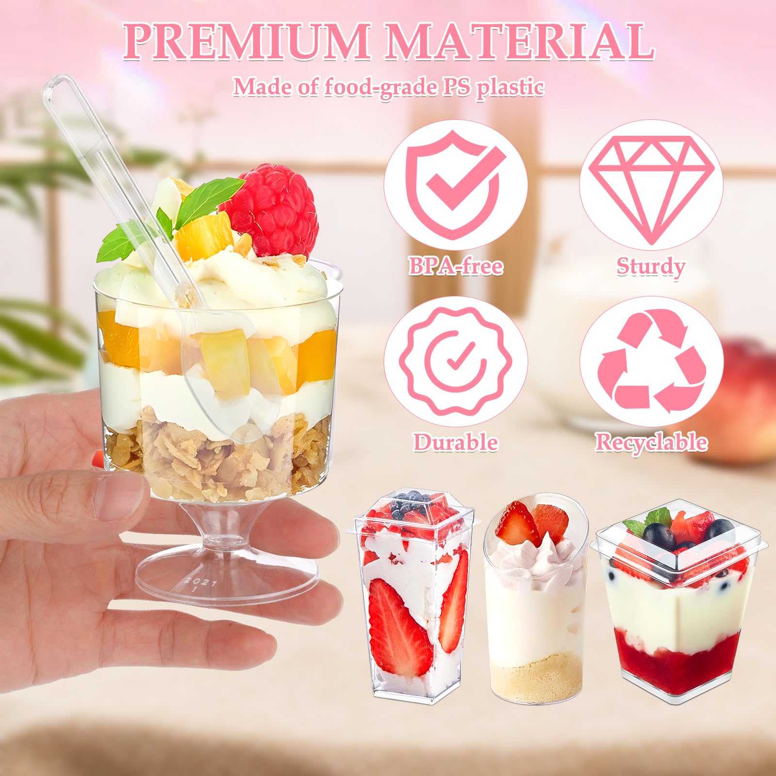 LifeisLuck 3oz dessert cups clear plastic close up