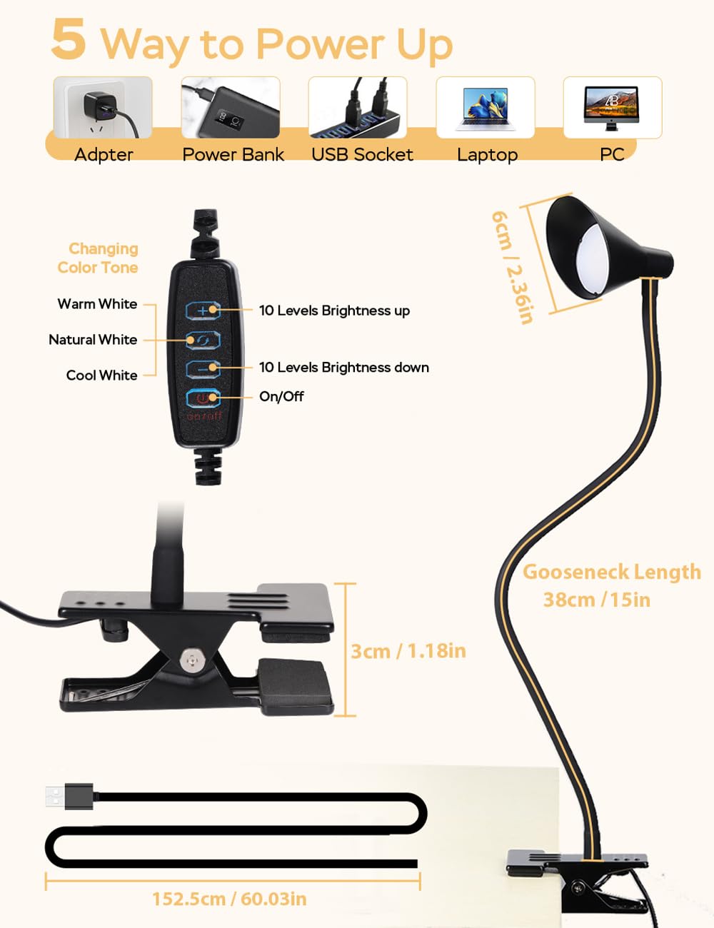 USB powered LiFMIRA reading lamp with 5ft cable