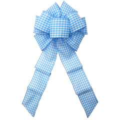 Light blue and white gingham bow with wired linen ribbon 8in