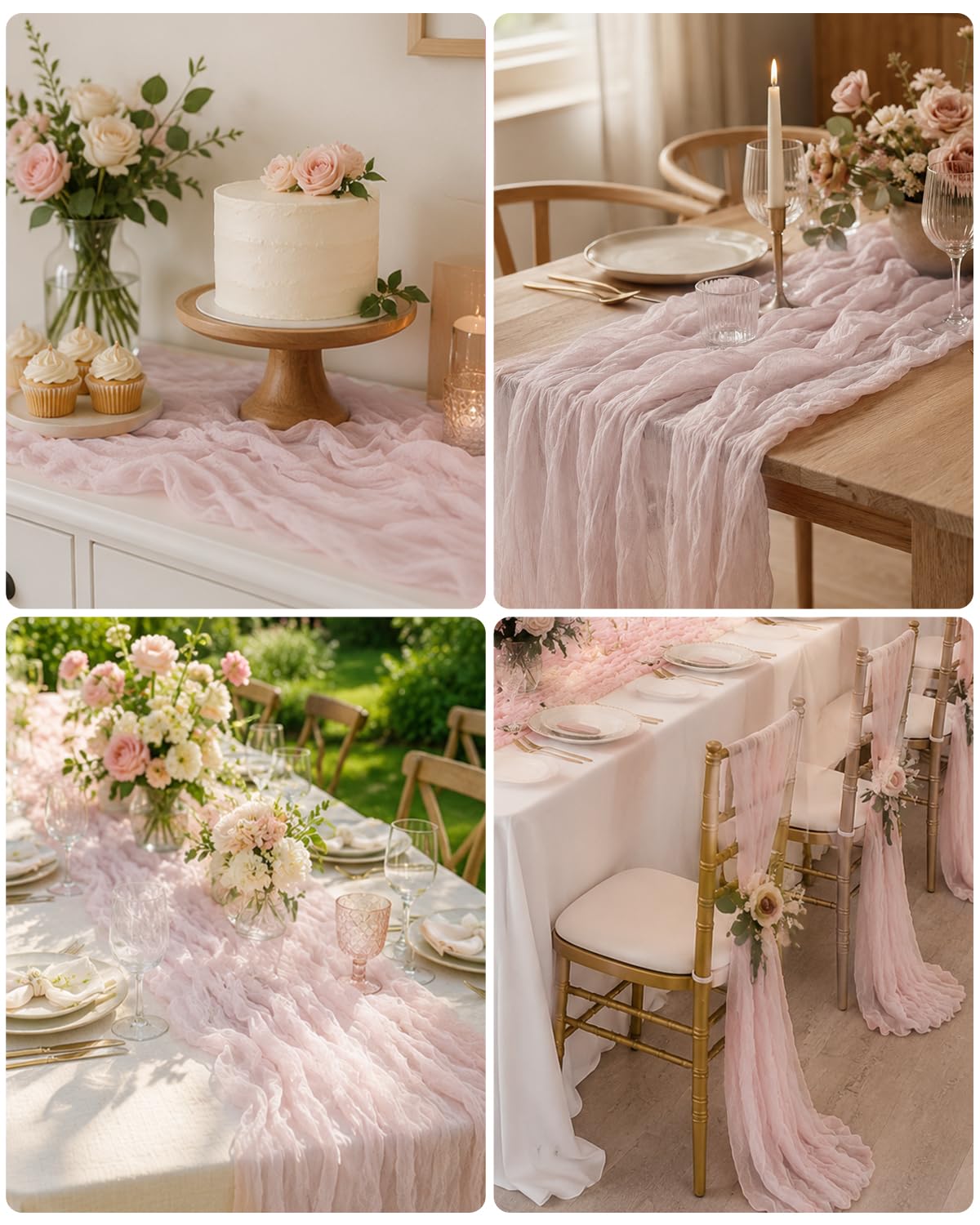 Polyester pink table runner with wrinkled gauze texture