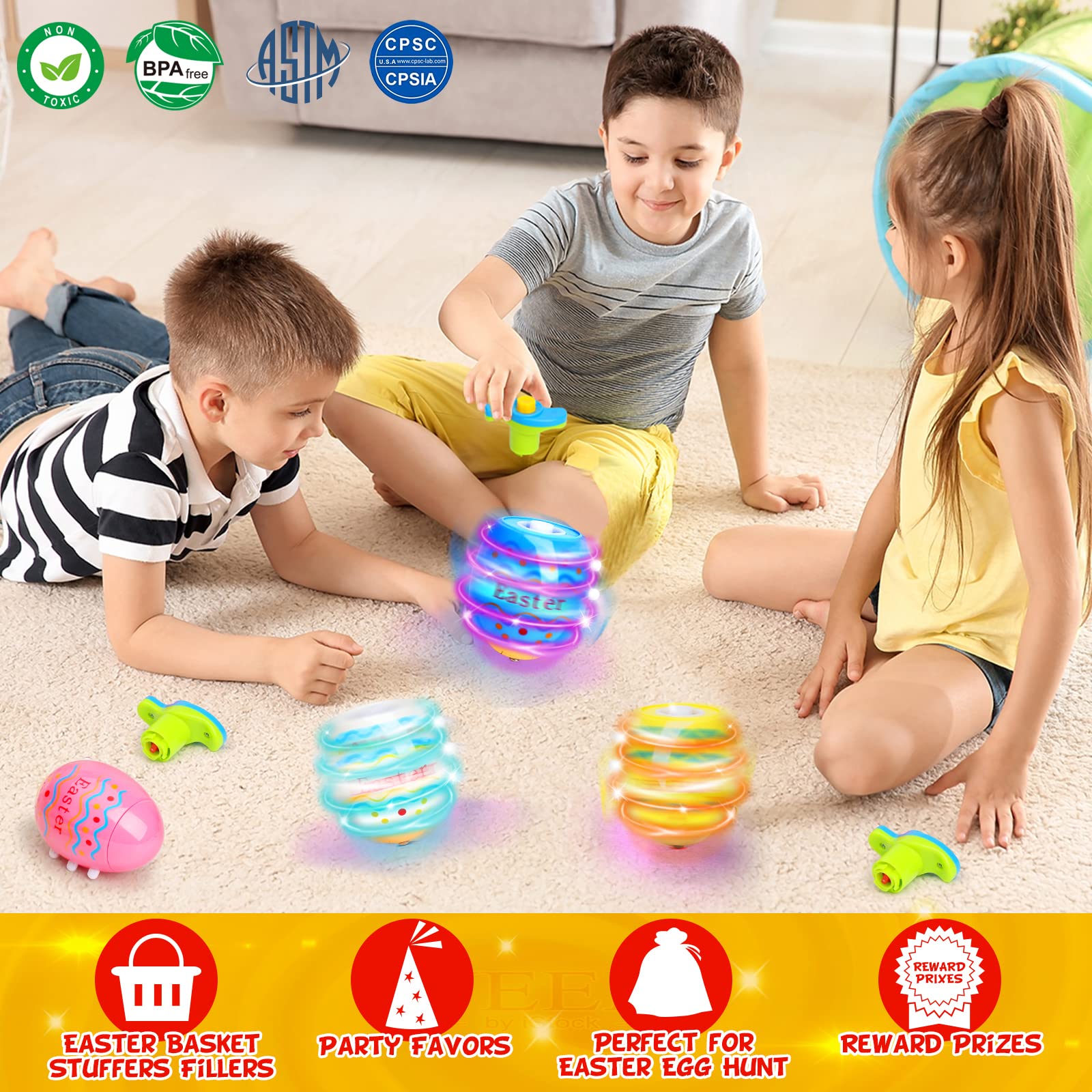 Easter egg spinning tops set of 6 with launch handles and lights