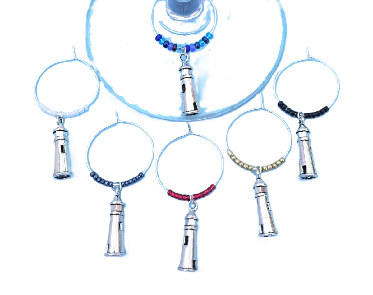 Lighthouse wine charms set of 6 multi color beads for a beach lover gift