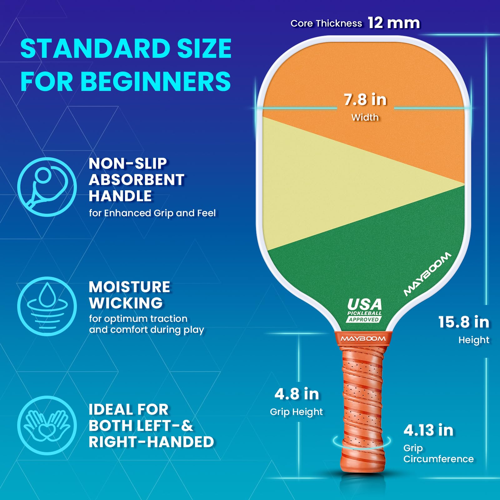 Ergonomic anti-slip grip on pickleball paddle