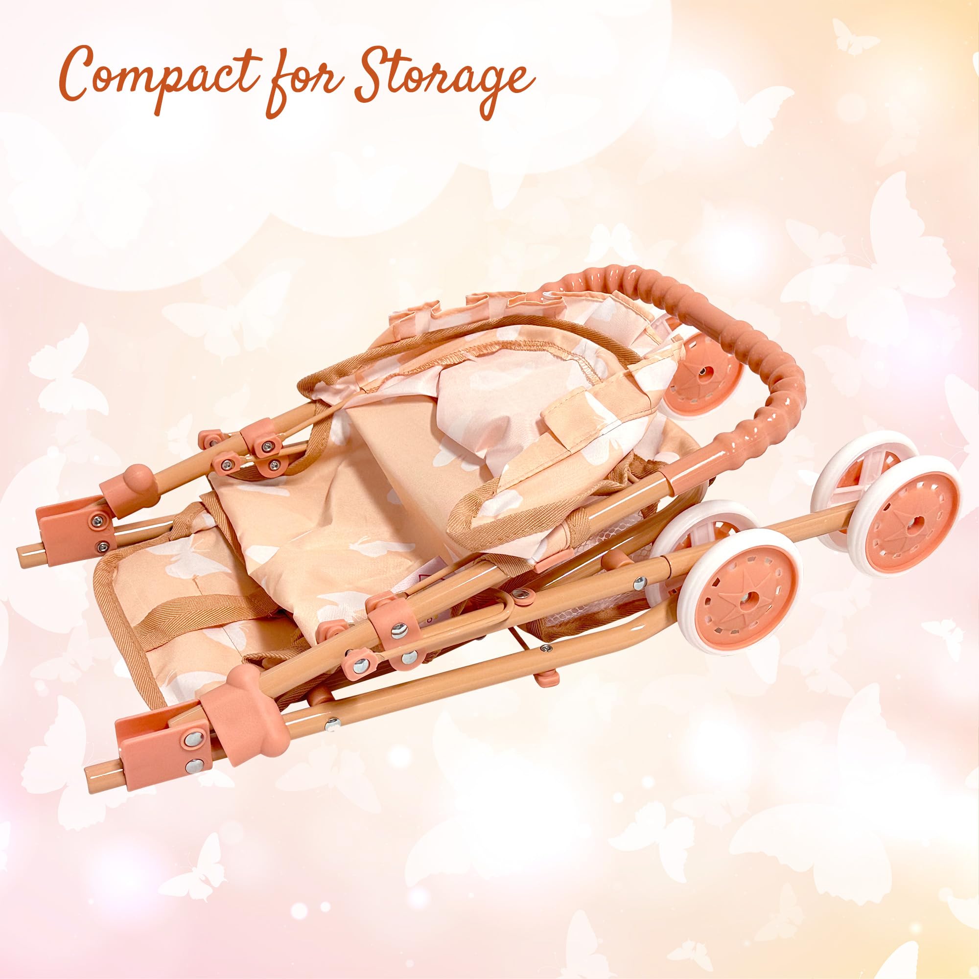 Lightweight doll stroller with seatbelt harness