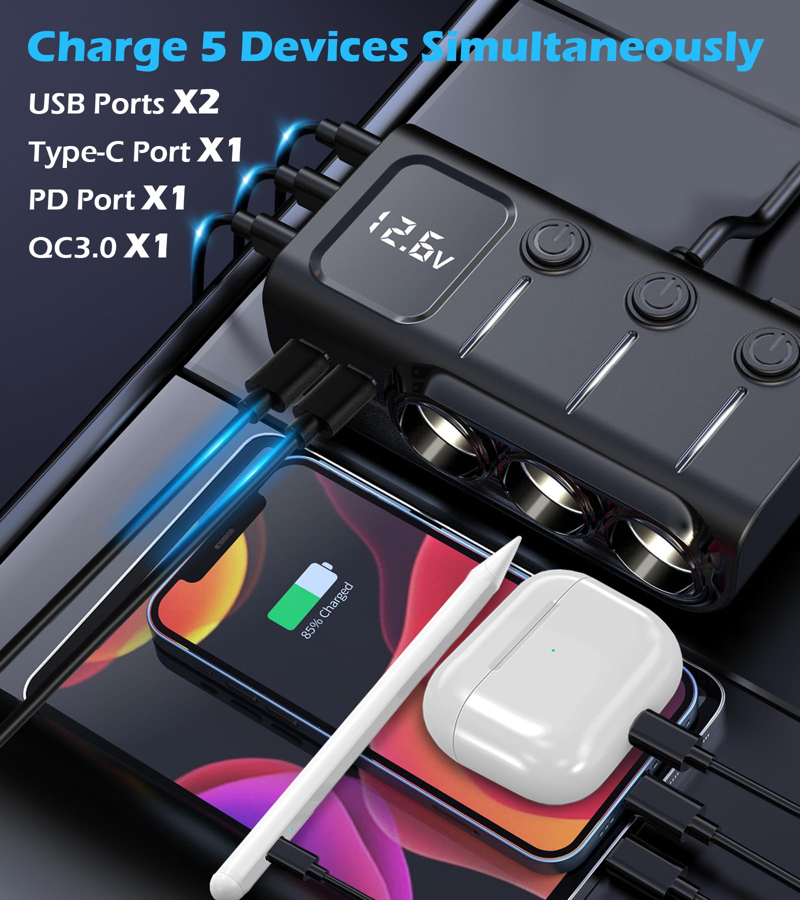 3.3-foot extension cord connected to LIHAN car splitter