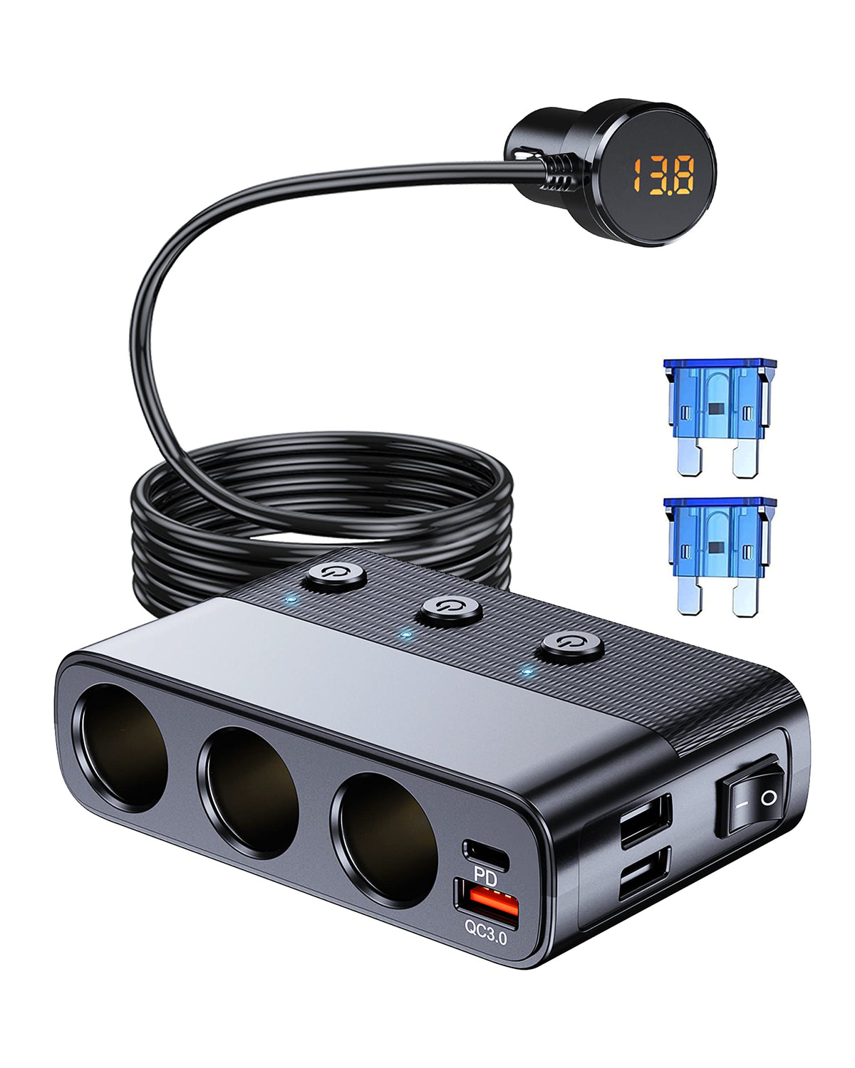 LIHAN 7-1 cigarette lighter splitter with 3 sockets and USB ports