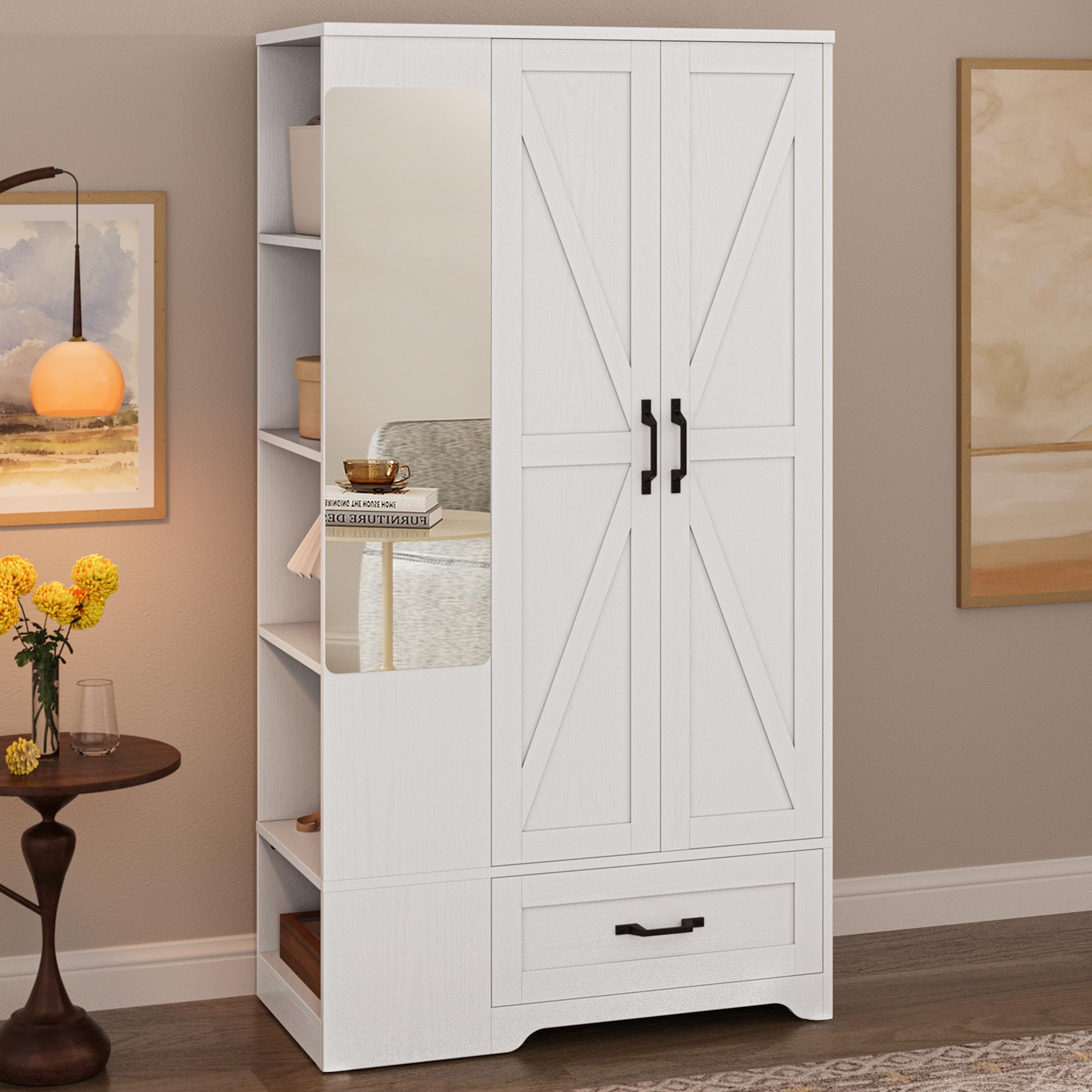 LIKIMIO 70 tall wardrobe closet with mirror white finish